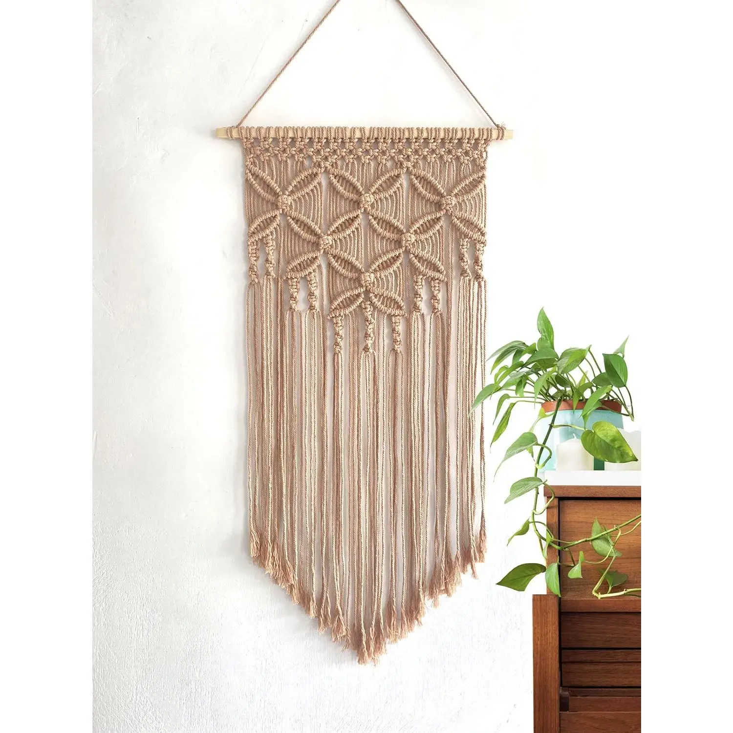 Beige 1 Khaki Cotton Macramé Fringe Long Hangable Wall Decorations for Room - Handmade Woven Hanging Sculpture, Indoor Leisure Recreation Ornament for Home Decor Enthusiasts