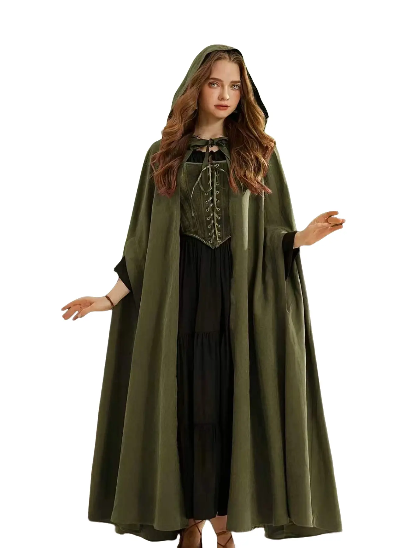 Women's Vintage Medieval Gothic Hooded Mid-Length Cape, Halloween Witch Wizard Cosplay Costume, Stage Photo Versatile Shawl Coat Costume Wigs