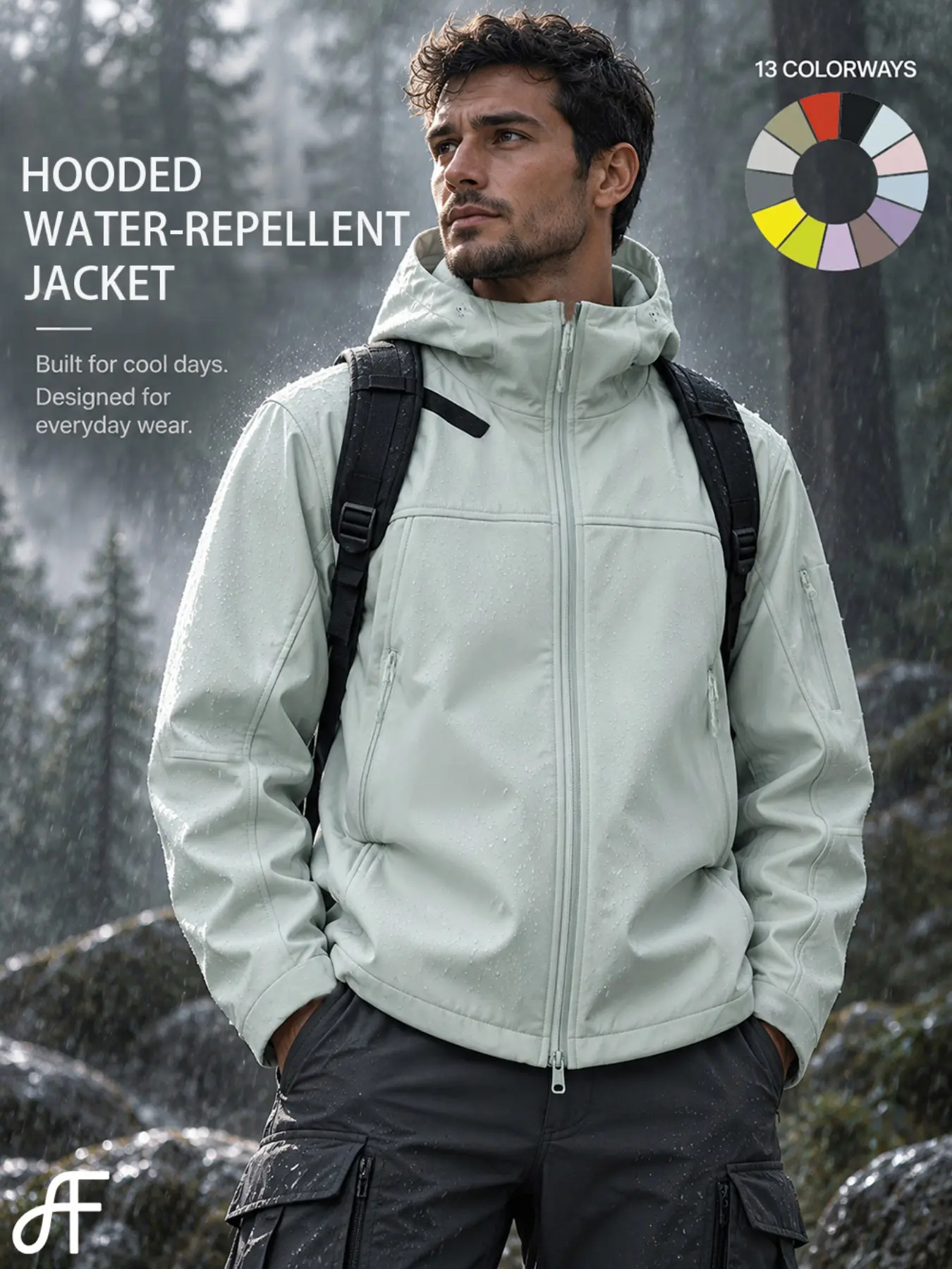 FF Men's water-repellent Softshell Jacket Hooded Windbreaker， Lightweight，Outdoor Hiking Raincoat Multi-Pocket Windproof Techwear Coat for Camping Travel Daily Commute Streetwear