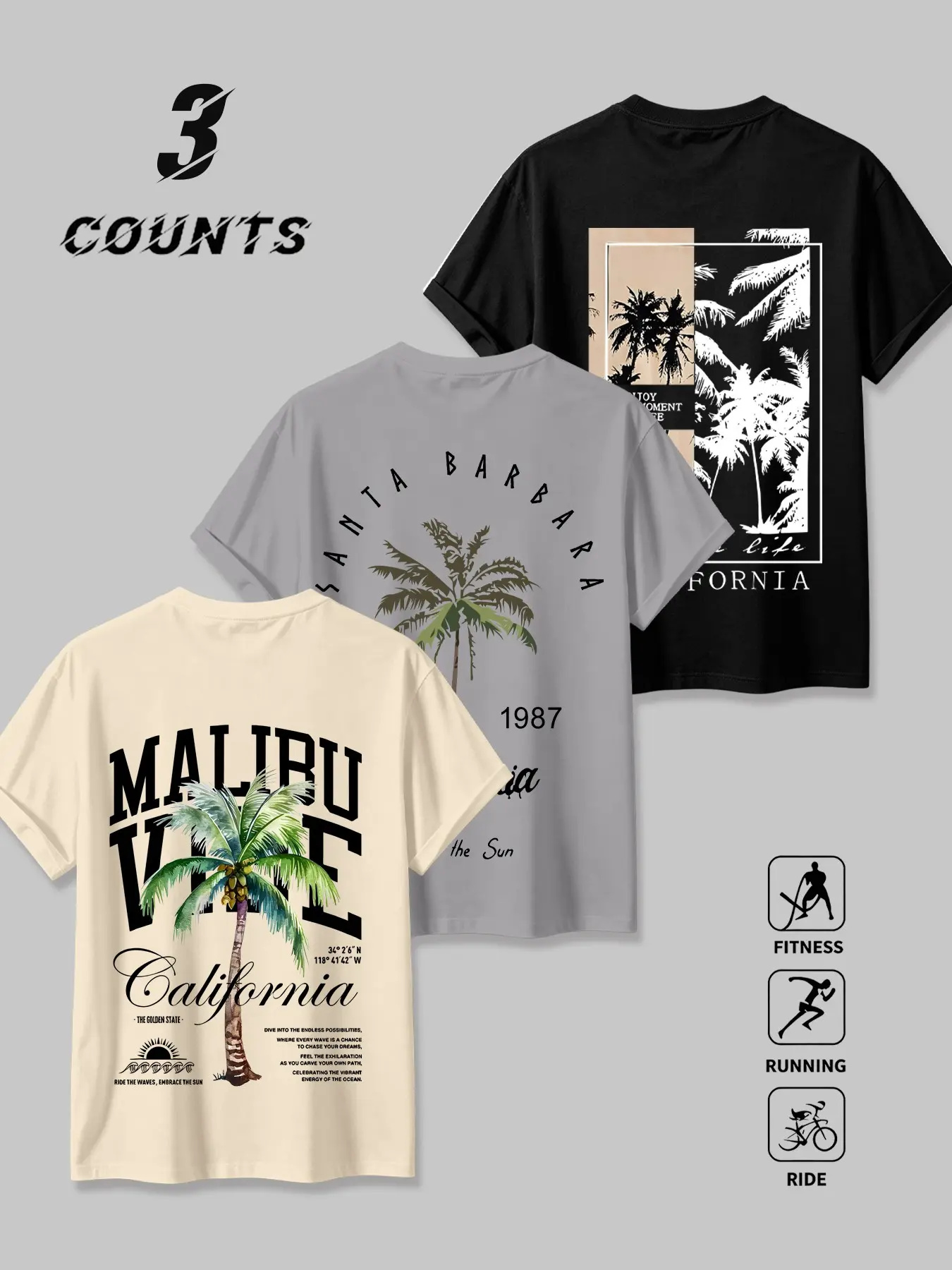 Three-Pack California Malibu Palm Tree Print Loose Short Sleeve T-Shirts, Breathable Fabric, Men's Beach Cycling Top