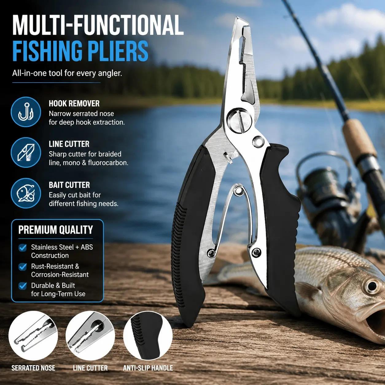 Heavy-Duty Stainless Steel Fishing Pliers & Tool Kit with Braid Line Cutter, Hook Remover, Scissors - Rust-Proof Portable Multi-Tool for Saltwater, Freshwater & Lure Fishing