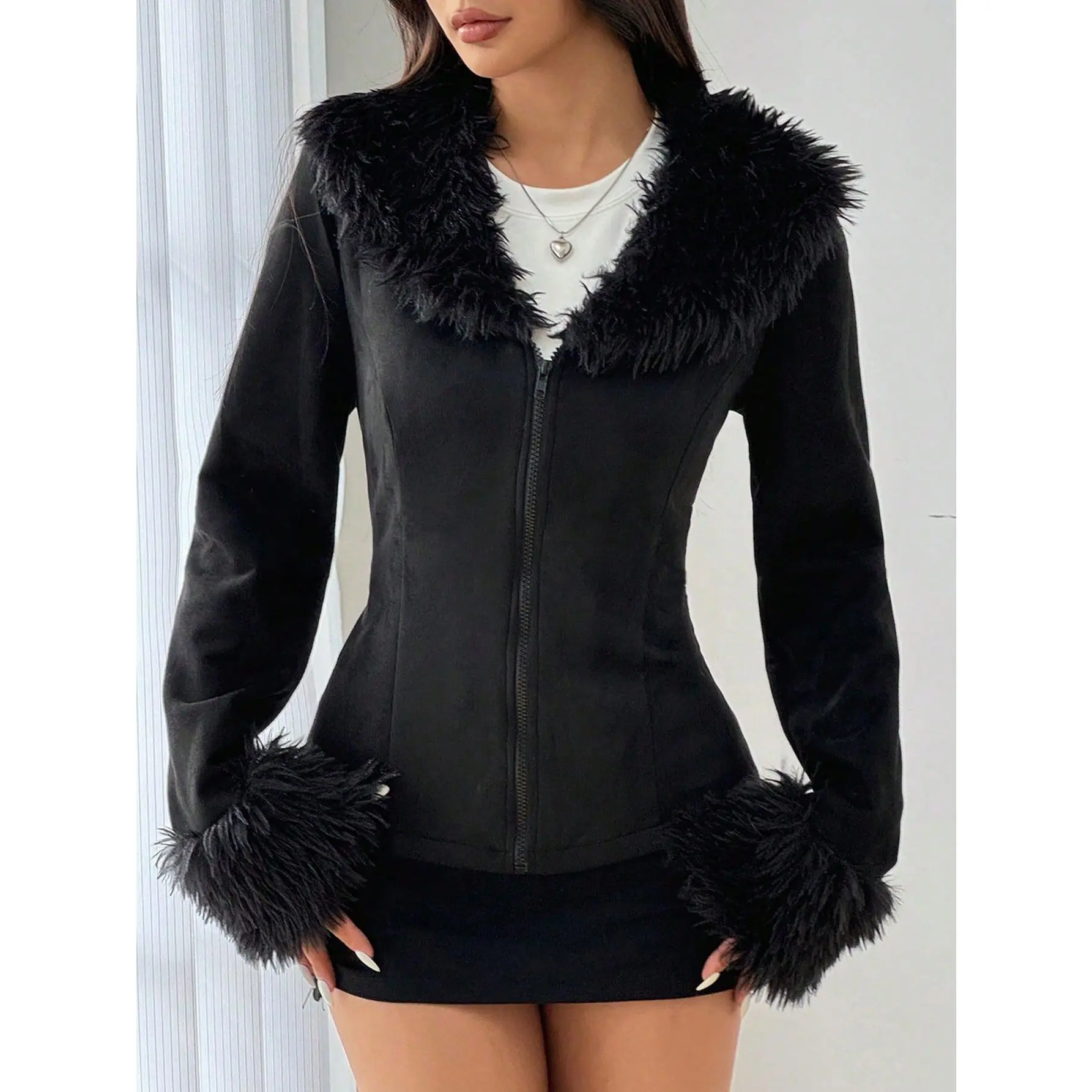 Faux Fur Collar Black Suede Fleece Jacket For Women, Autumn/Winter Clothes
