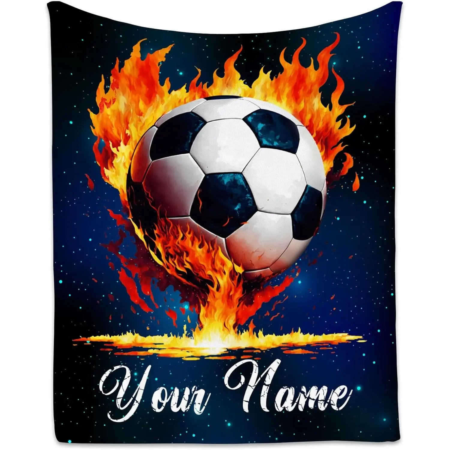 Personalized Soccer Ball On Fire Throw Blanket, Custom Name Flannel Blanket, Soft Cozy Warm Throw, Your Name Here Design, Gift for Him Boy Sports Fan, Football Bedroom Couch Decor
