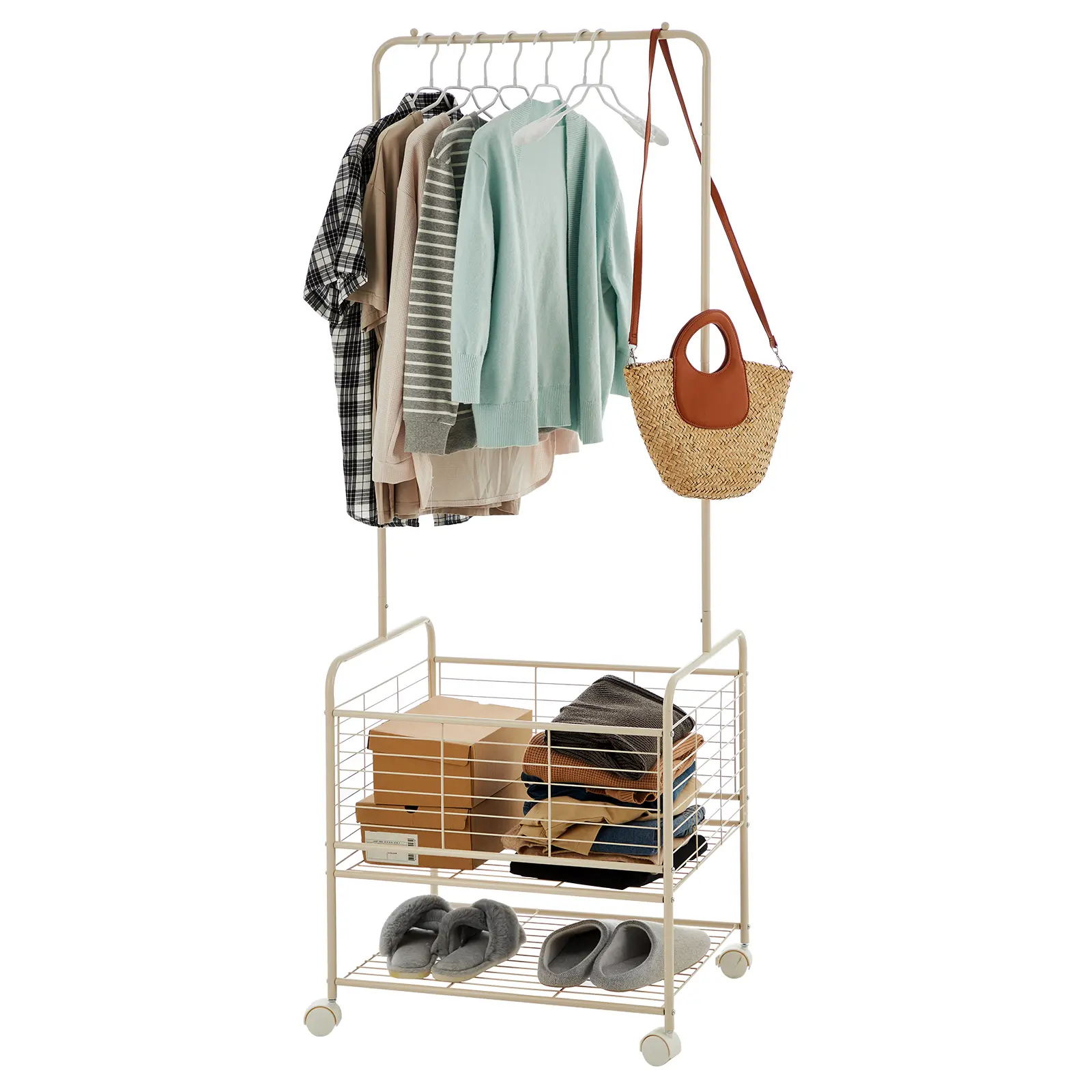 Garvee Heavy-Duty Rolling Metal Garment Rack with Wheels, Clothes Rack with Hanging Rod, Storage Basket & Shelves, Freestanding Clothing Rack Laundry Cart for Bedroom Bathroom Laundry Room, Mobile Closet Organizer Utility Hanger Stand Portable Rack