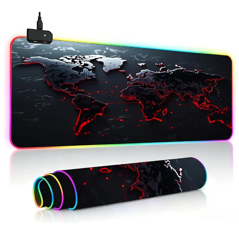 World Map Extra Large Gaming Desk Mat Keyboard Pad RGB Mouse Pad Ultra Thick Non-Slip Large Size RGB Gaming Desk Setup for PC/Laptop - 14 Lighting Modes Touch Control Keyboard and Mouse Pad with