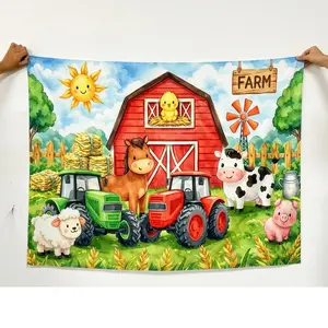 2D 1pc Barnyard Farm Banner, Cute Farm Animals & Red Barn Backdrop, Cartoon Farmyard Scenery Background for Kids Birthday, Farm Themed Party, Photo Booth