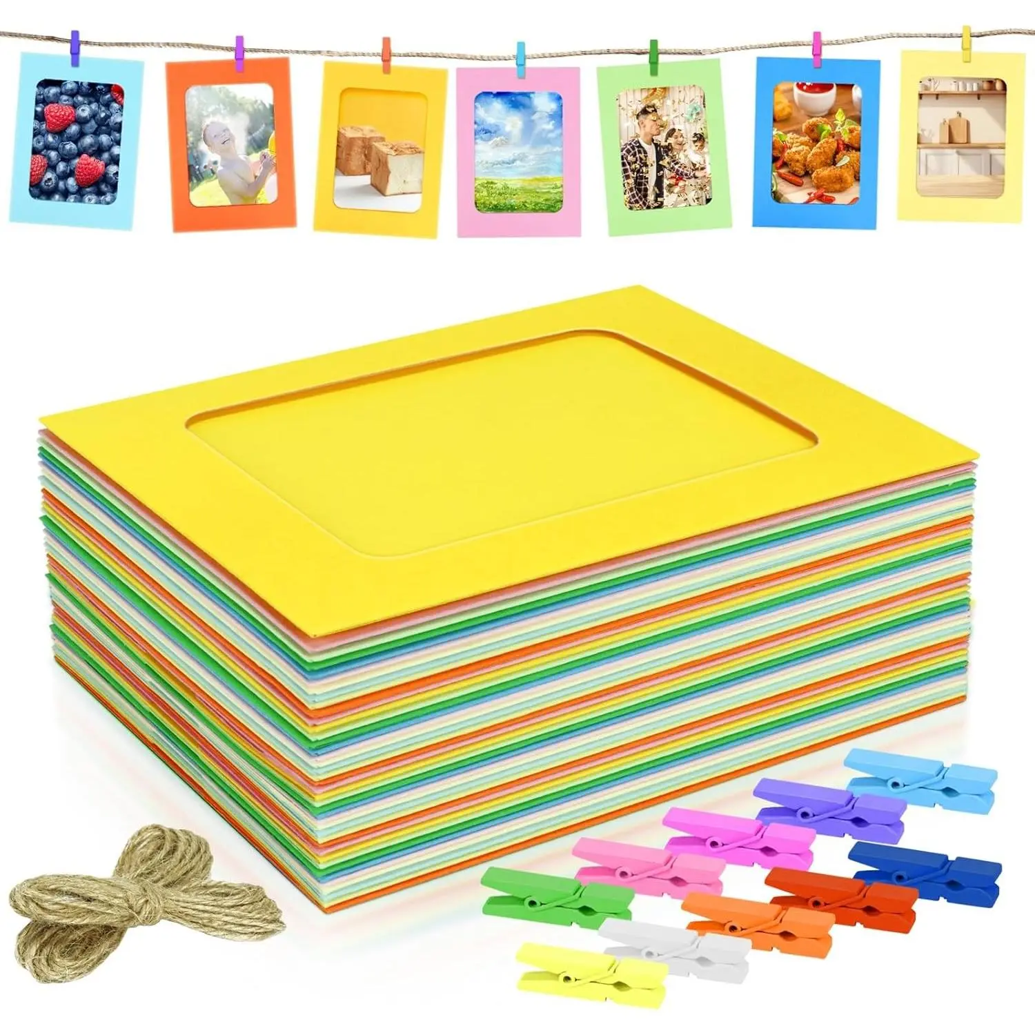 50 Pack 4x6 Colorful Paper Picture Frames, Photo Holders with Wooden Clips and String for Wall Decor Party Supplies