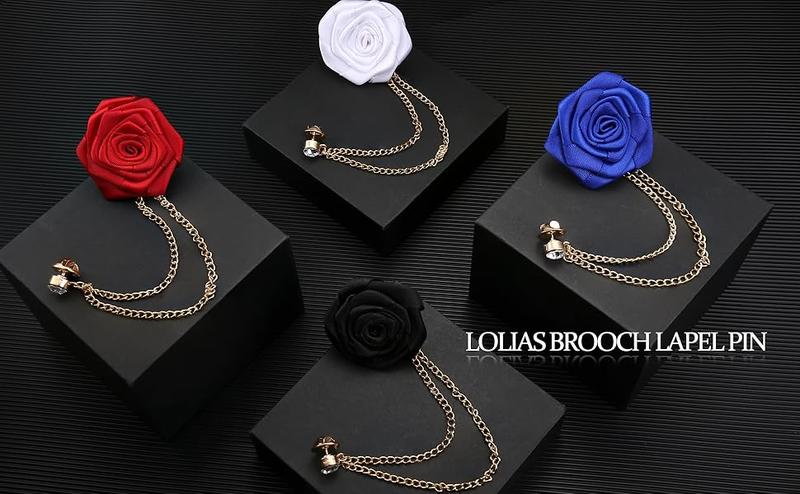 LOLIAS 4PCS Brooch Lapel Pin for Men with Hanging Chain,Brooch Suit Stud,Handmade Rose Flower Pins for Groom Wedding Prom Tassel Chain Brooch Pins Men's Suit Accessories