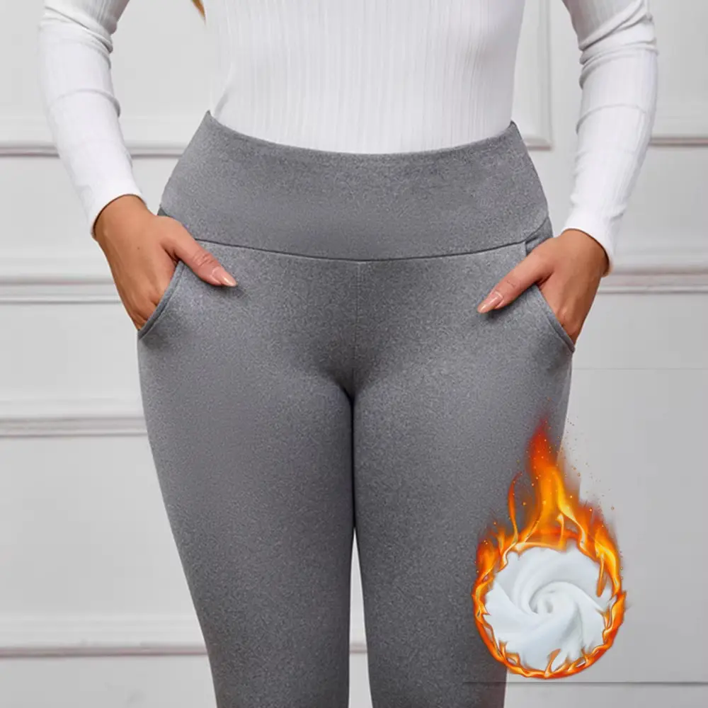 Women Fleece Lined Leggings High Waist Thermal Warm Pants With Pockets Winter Thick Plush Lined Casual Trousers