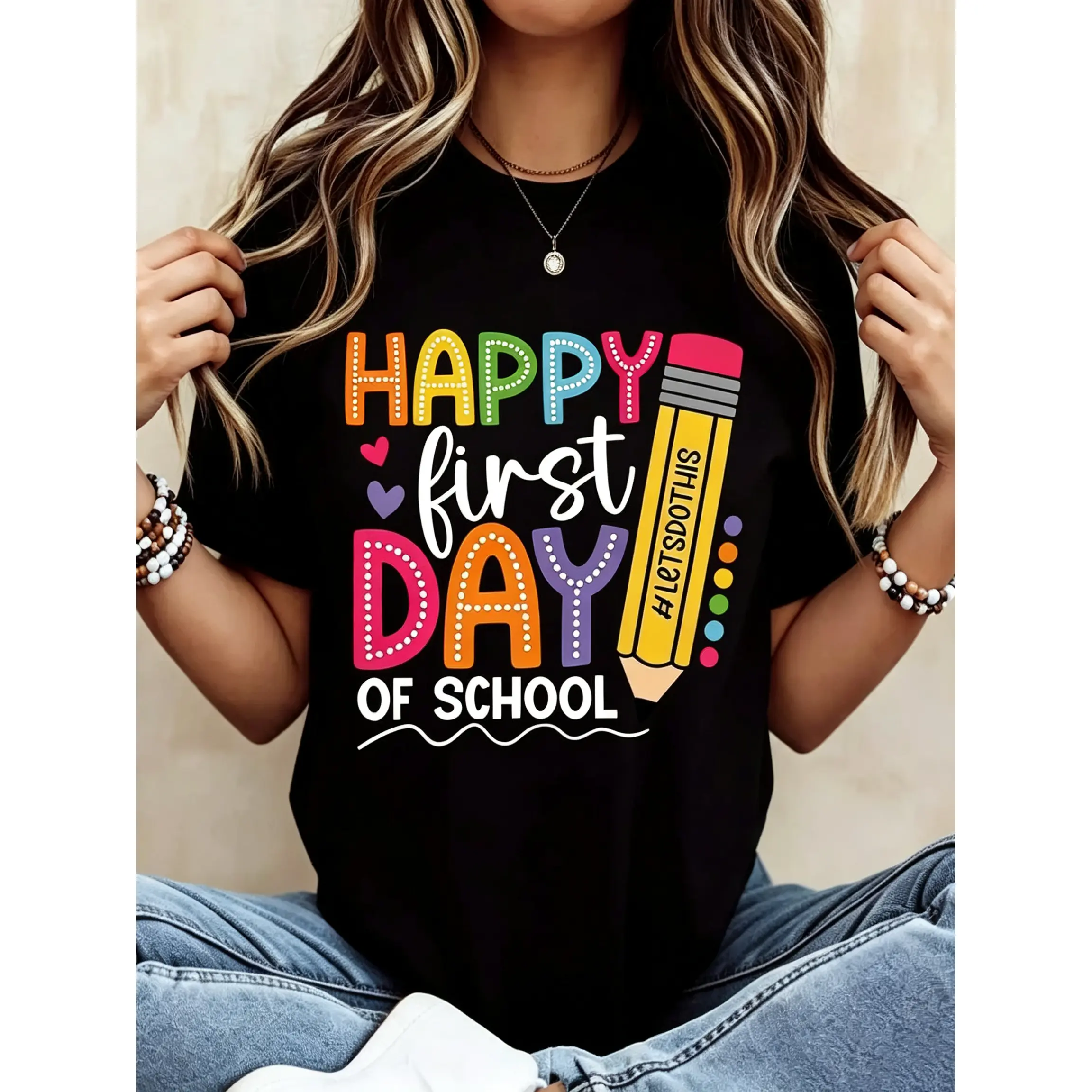 Women's Fitted Cotton Twill Short-Sleeve Round Neck School Print Graphic Tee, Casual Summer Sports Top, Teacher Clothes, Shortsleeve, T Shirts For Women