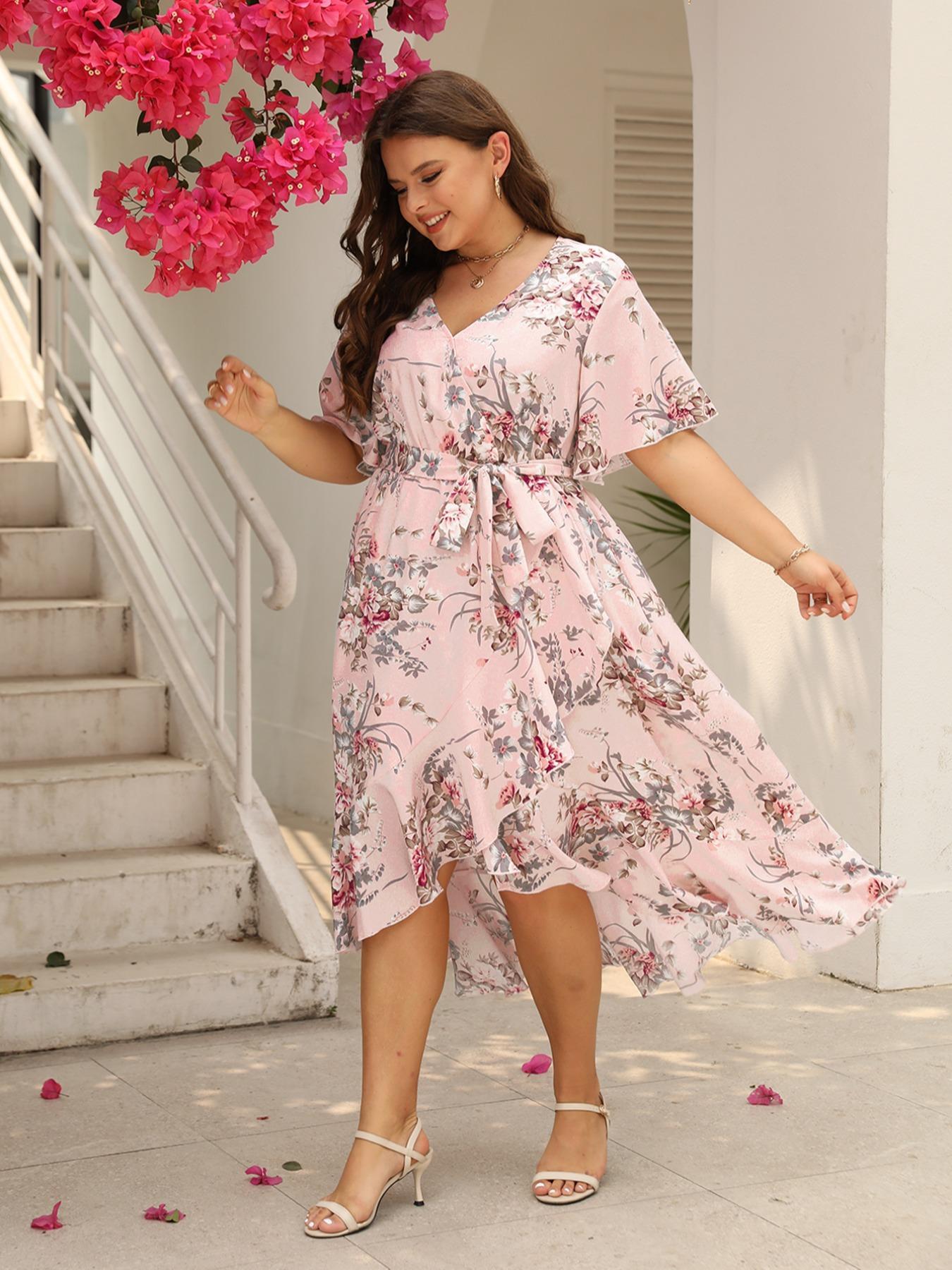 Plus Size Floral Print Ruffle Hem Belted Wrap A Line Dress, Boho Butterfly Sleeve V Neck High Low Midi Dress, Women Casual Clothing for Spring & Fall