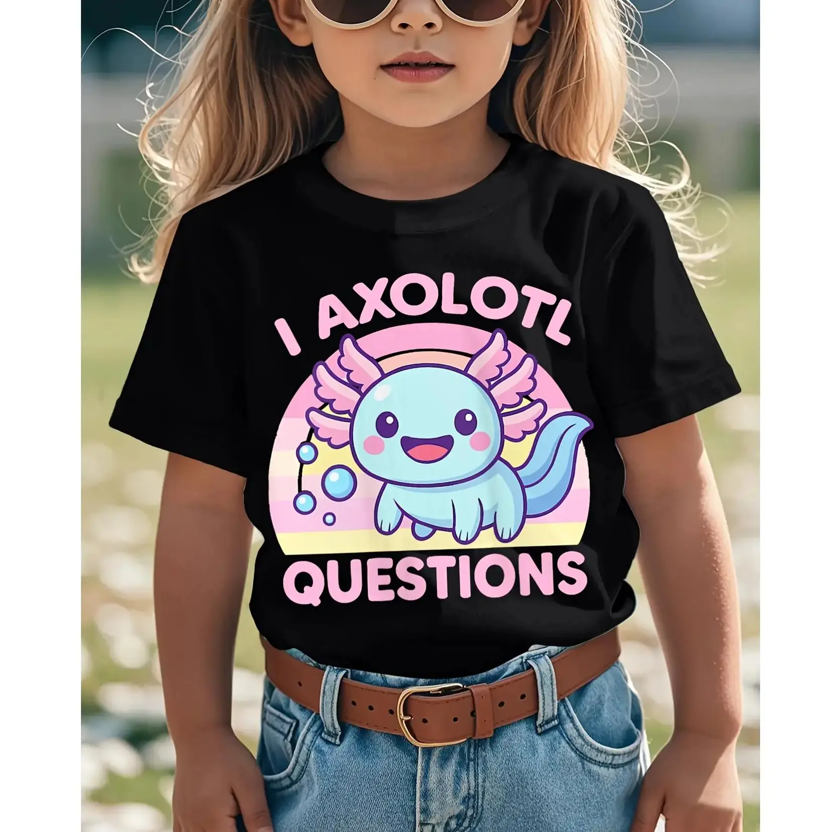 Girls' Funny Cute Axolotl Graphic T-Shirt - "I Axolotl Questions" Slogan with Pink Lettering & Mexican Walking Fish Design, Soft Round Neck Short Sleeve Casual Summer Top for Casual Attire, Playdates & Themed Events - B,Boys',Expandable,Col,labubu,clothes