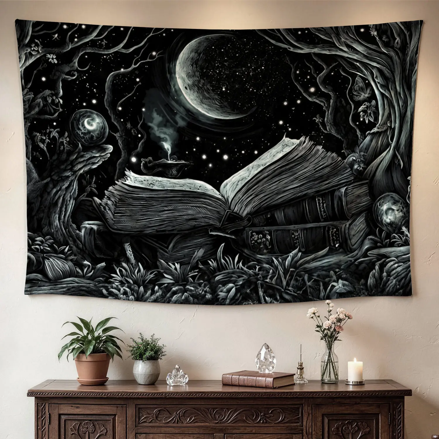 Mystical Black and White Fantasy Book Forest Moon Wall Tapestry - Large Horizontal Printed Polyester Colorfast Decor Artwork, No-Installation Room Decor Wall Hanging, Gift Idea for Family