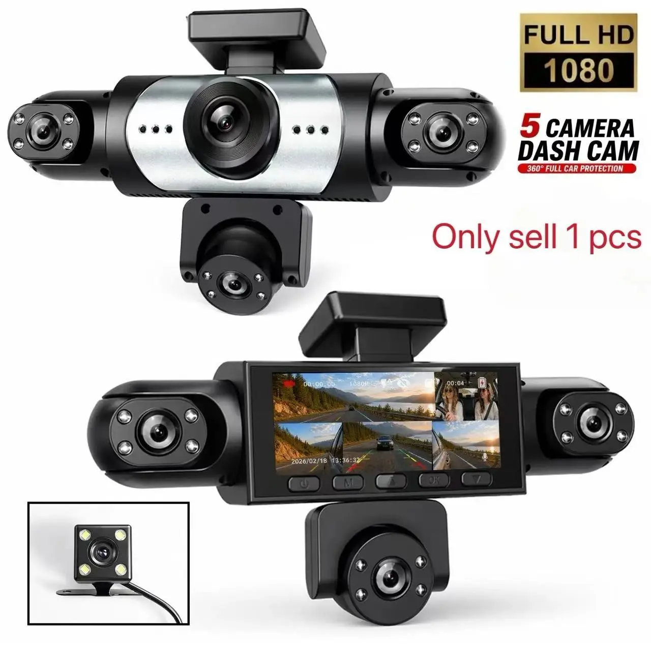 5-Channel Car Dvr Camera, 1080P Video Recorder with 64GB SD Card, Loop Recording, Parking Mode, Front Back Left Right Dash Cam, Father's Day Gift