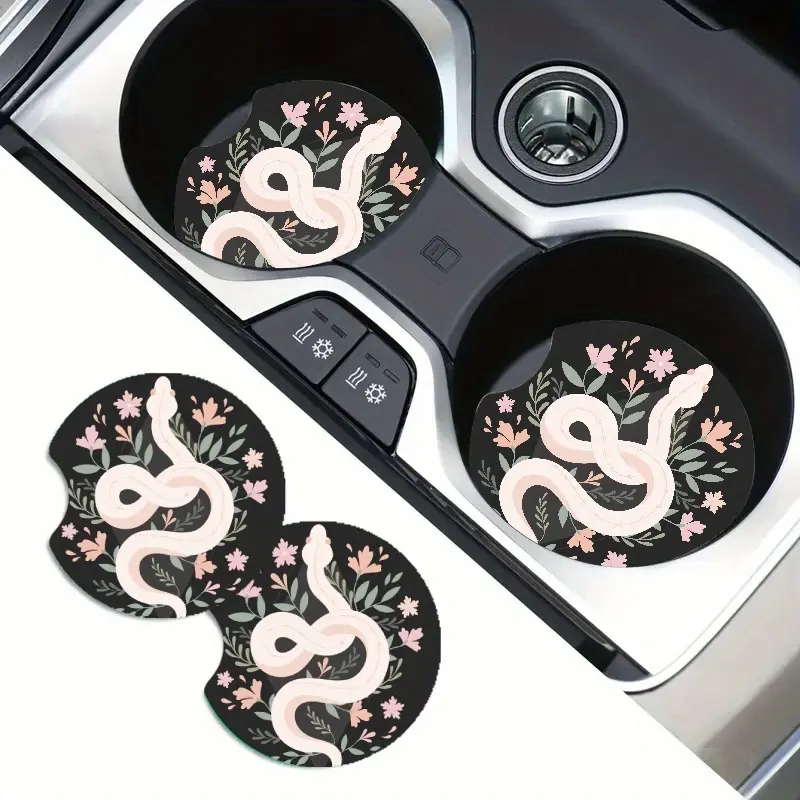 2pcs Boho Floral & Snake EVA Car Coasters - Cute Witchy Drink Holders for Vehicle Interior Decor, Cute Car Accessories