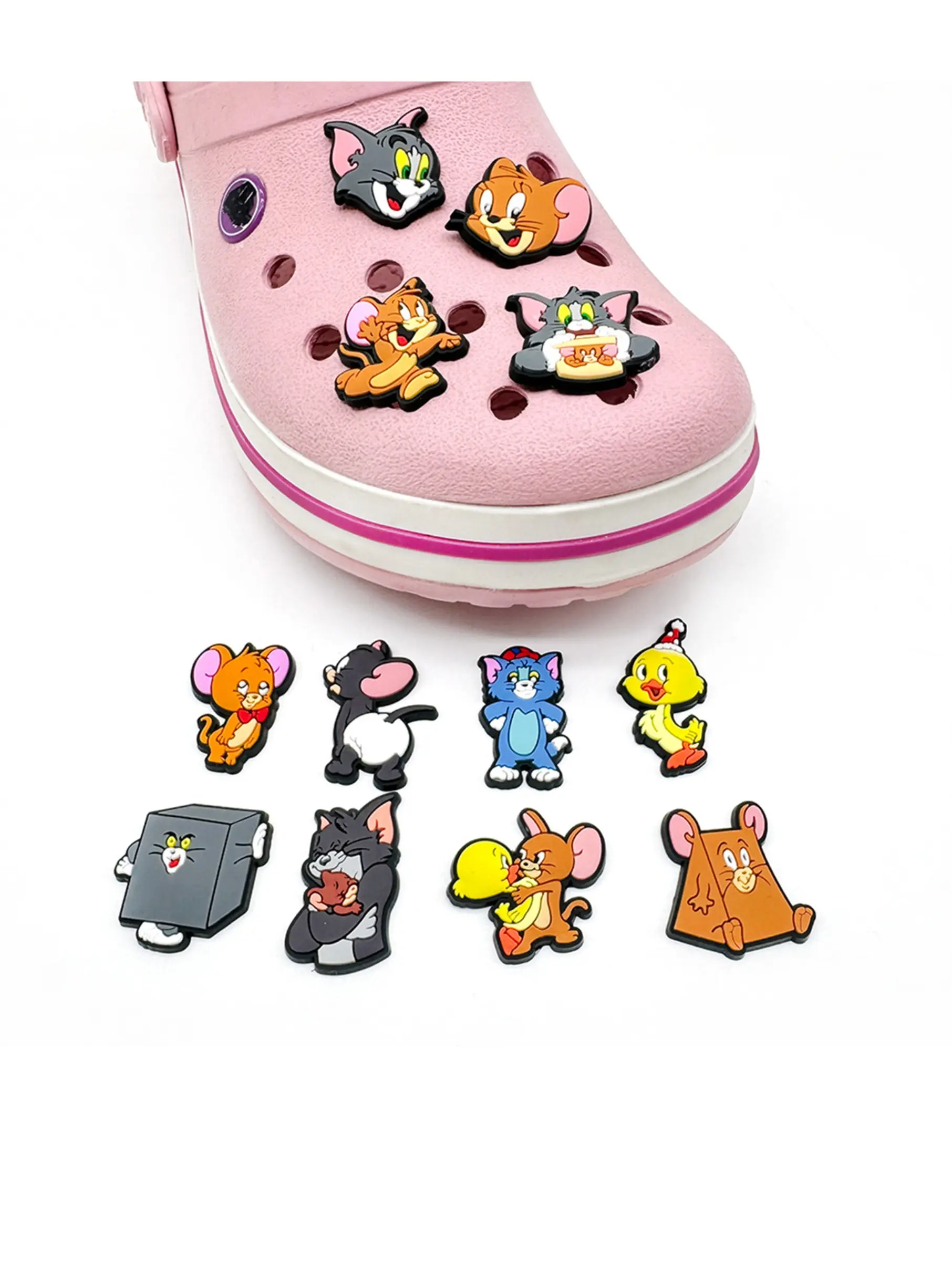 12pcs Cartoon Cat & Mouse PVC Shoe Accessories Set, DIY Detachable Fashion Shoe Decorations, All-Season Suitable