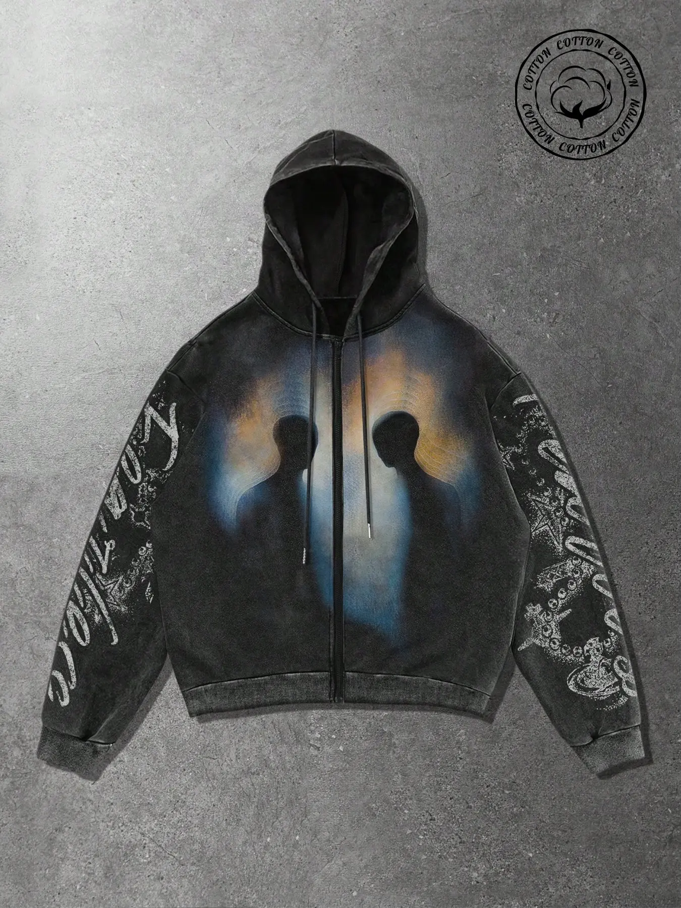 Y2K Men's Vintage Washed Full Zip Hoodie, Heavy Cotton Loose Fit Jacket, Shadow Print & Letter Design, Streetwear for Skateboarding, Daily Wear
