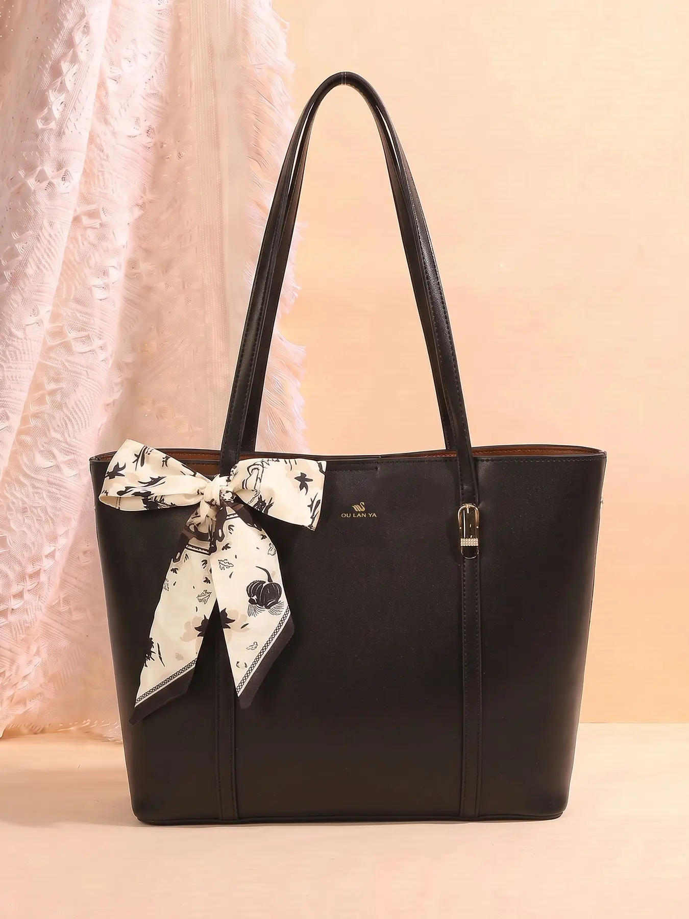 Women's Large Capacity Scarf Bow Tote Bag, Elegant Solid Color Commuter Shoulder Bag, PU Handbag for Daily Use, Stylish and Practical