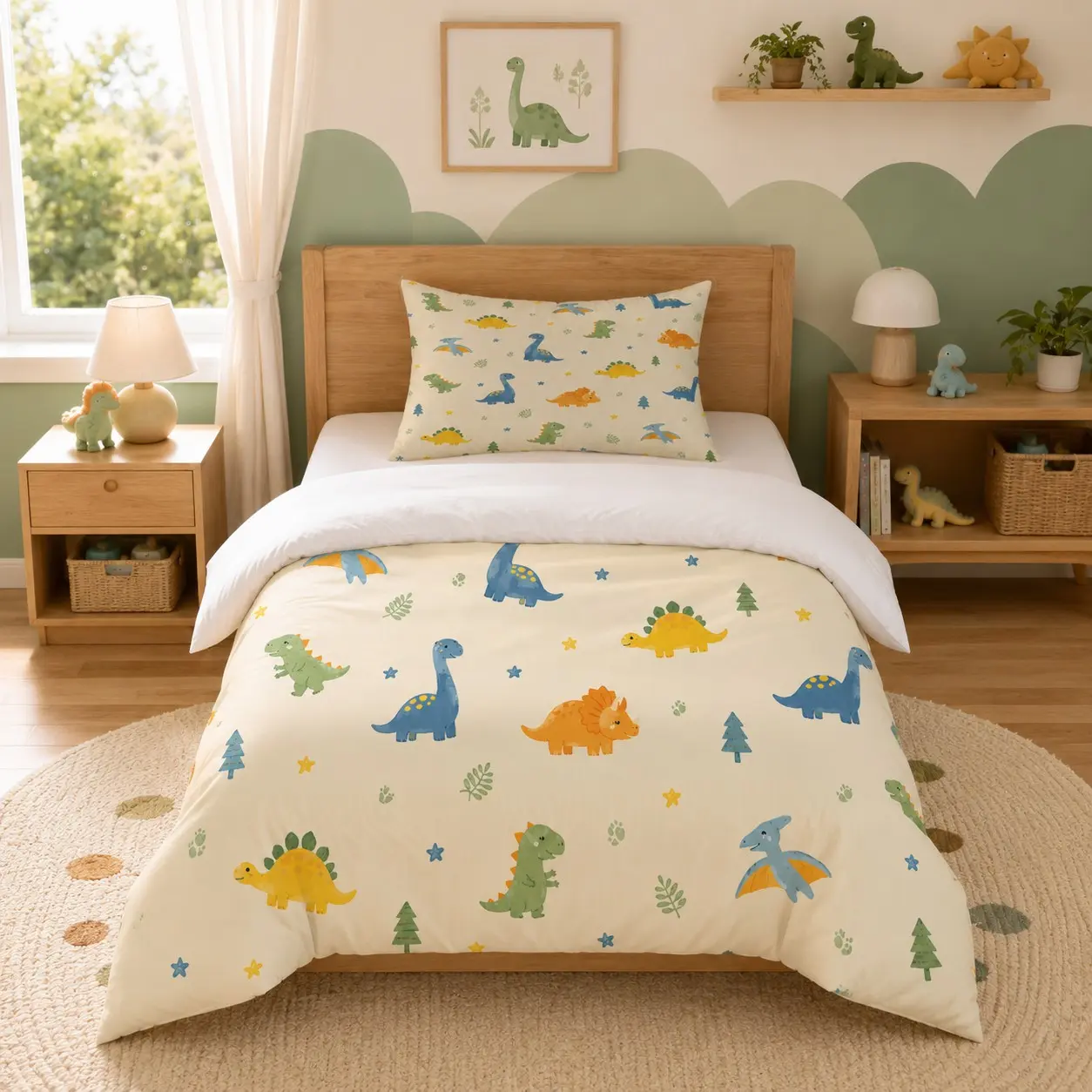Watercolor Cartoon Dinosaur Bedding Set, 2/3 Pcs (1 Duvet Cover + 1/2 Pillowcases, No Fillings). Soft And Cozy Bedding, for Teen Bedrooms, All Season Use. Excellent Gift for Birthdays