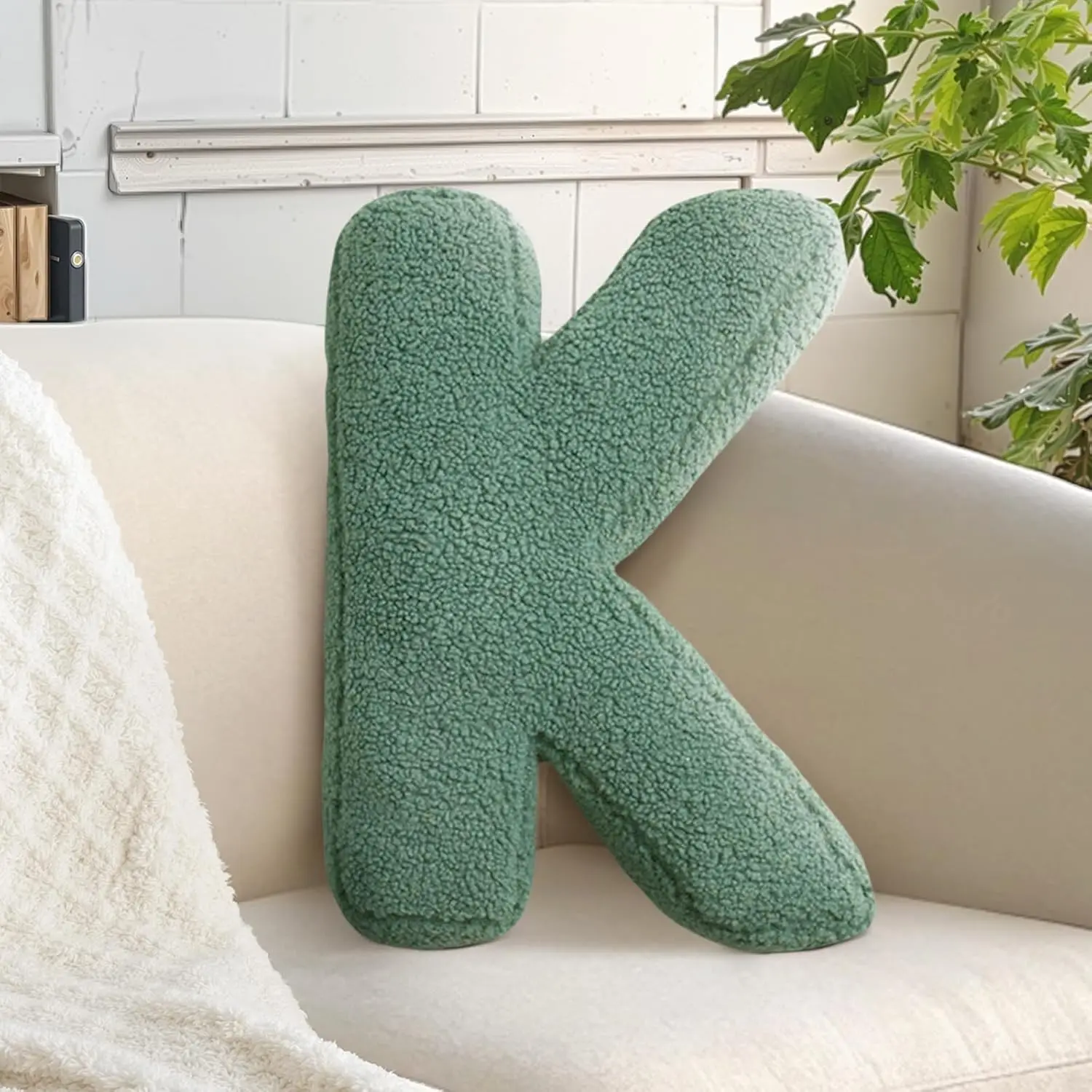 Green Letter K Pillow Cute Decorative Alphabet Initial Throw Pillow | Lambs Wool, Letter Shaped Cushion, Accent Fun Decor, for Sofa Couch Bed Living Room Bedroom 14.9" x 11.8"