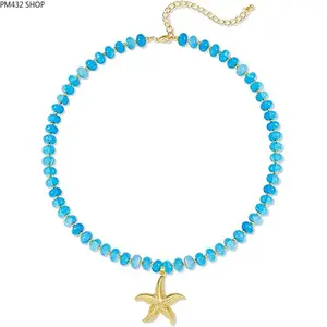 Colorful Beaded Heart and Starfish Necklace for Women – Beach Boho Choker Necklace, Summer Ocean Aesthetic Layered Jewelry, Casual Travel & Everyday Fashion Necklace