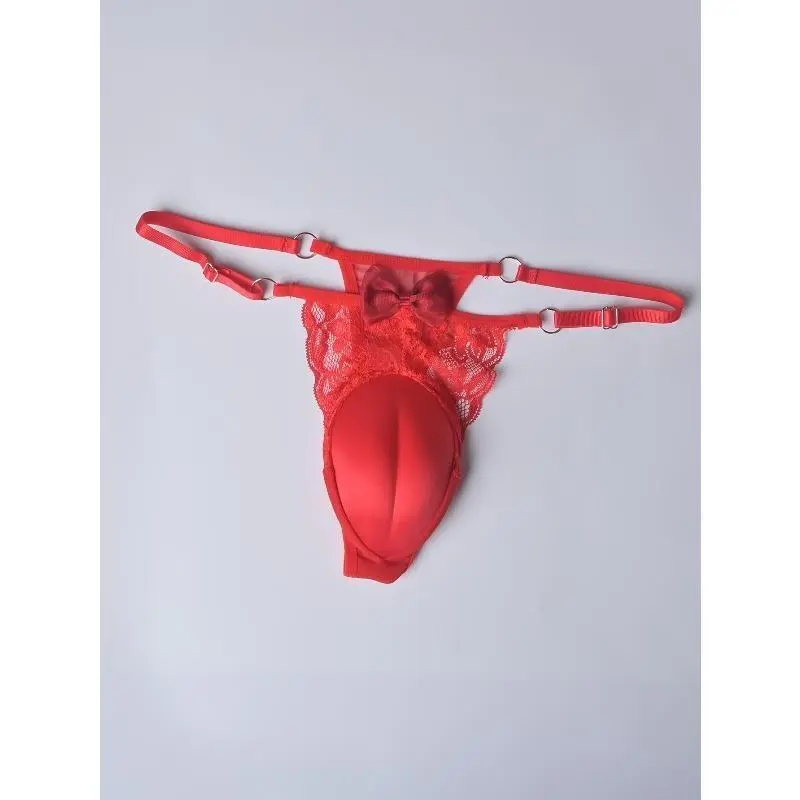 Men's 3D Padded Thong (Designed for Crossdressers) — Sheer Lace Mesh Lingerie with Adjustable Straps; Comfortable G-String Suitable for Crossdressing (CD), Cosplay, and Roleplay; One Size Fits All (Suitable for 40–80 kg).