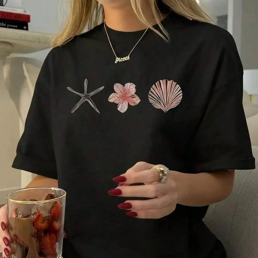 Women's Pure Cotton Oversized Streetwear T-Shirt, Short Sleeve Round Neck, Starfish-Flower-Shell Print, Loose-Fit, S-5XL, Summer Beach Vacation Top, Soft Breathable, Machine Washable Daily Wear Tshirt
