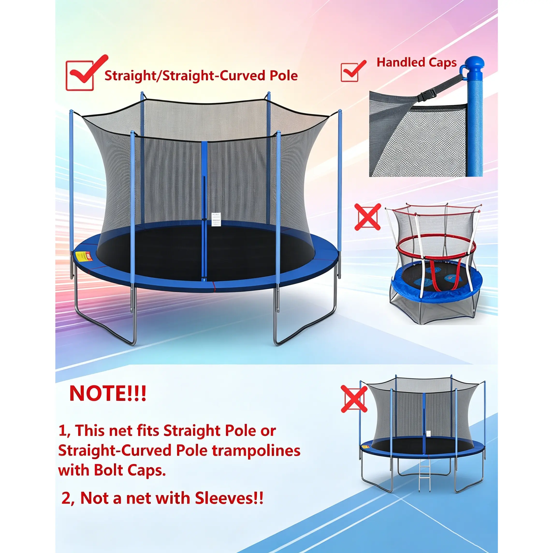 Trampoline Safety Net Replacement for 6 Straight Poles Round Frame Breathable Weather Resistant with Adjustable Straps Zippers Protection Buckles Net Only