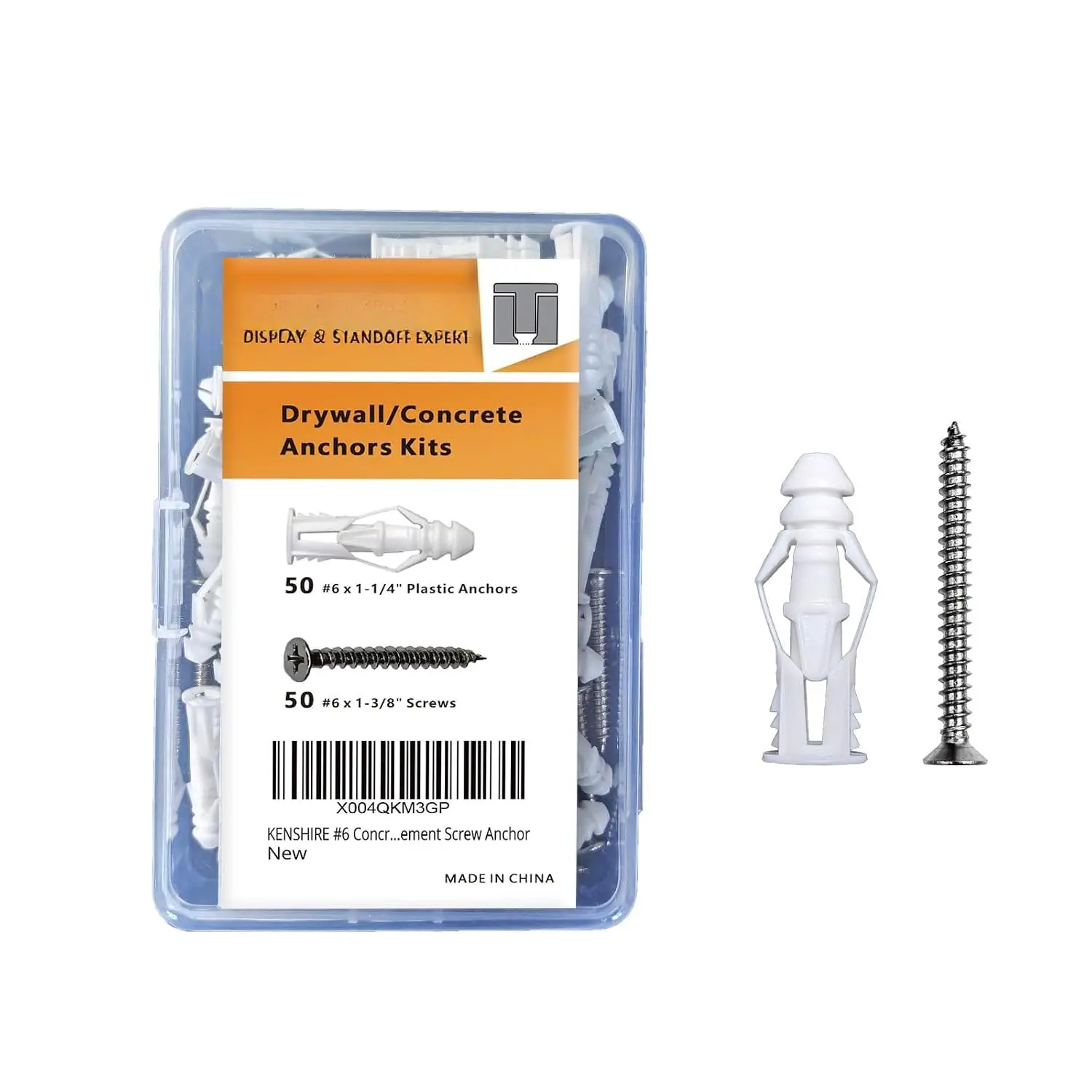 #6 Concrete wall Anchor and Stainless Steel Screw  kit 100 count Plastic Drywall Anchors and Flat  Screws for Sheetrock Brick Cement Screw Anchor
