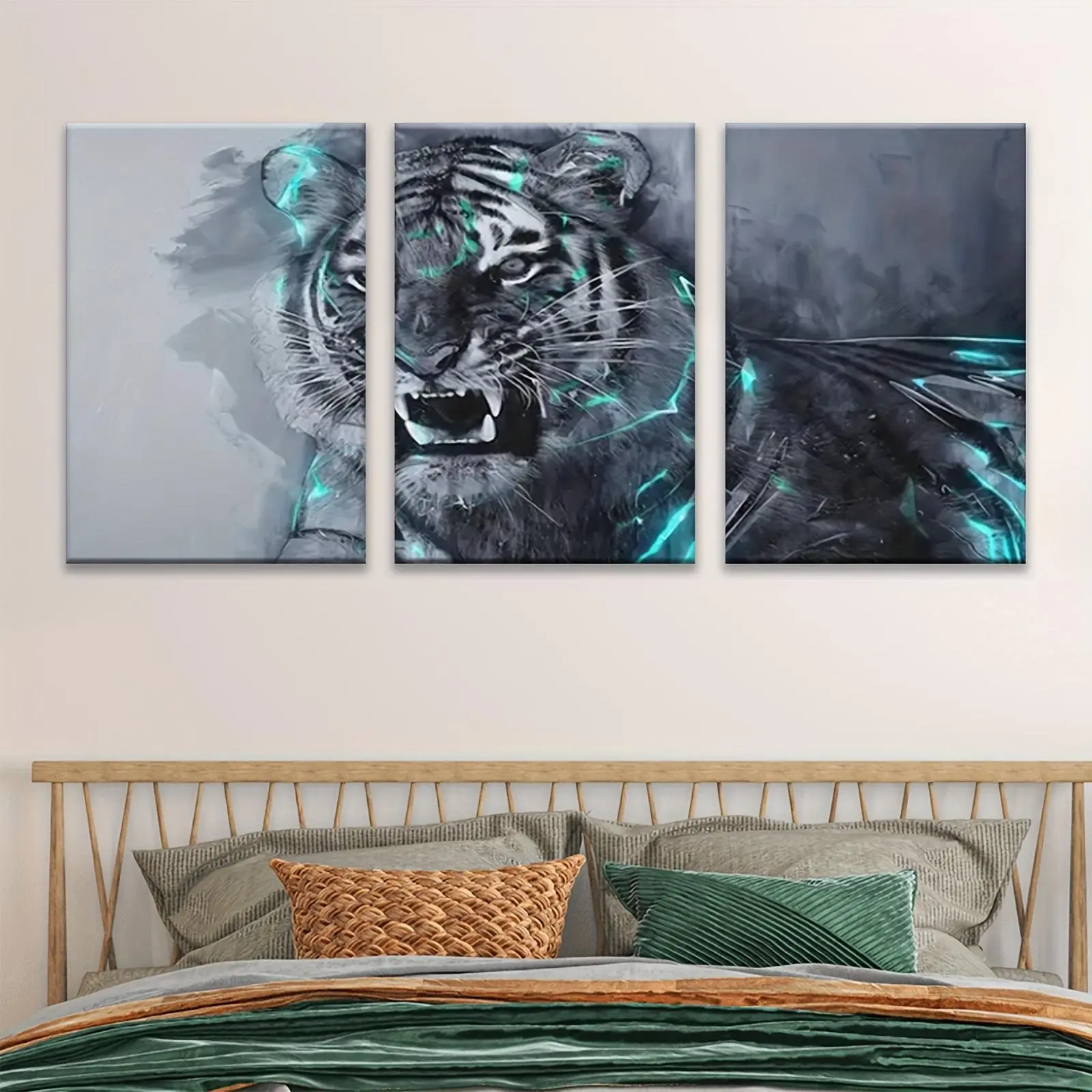 2D flat,3-piece set: Tiger, luminous, striped, abstract - modern abstract wall decoration, suitable for aesthetic wall decor in living rooms, offices, and cafes