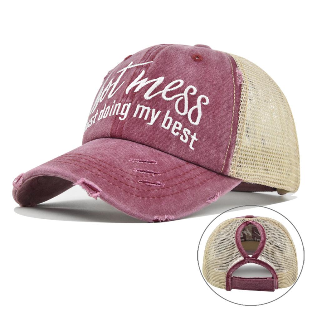 Ponytail hat with embroidery, European and American trendy cap, open-top baseball cap, ponytail cap, distressed baseball cap, versatile sun hat