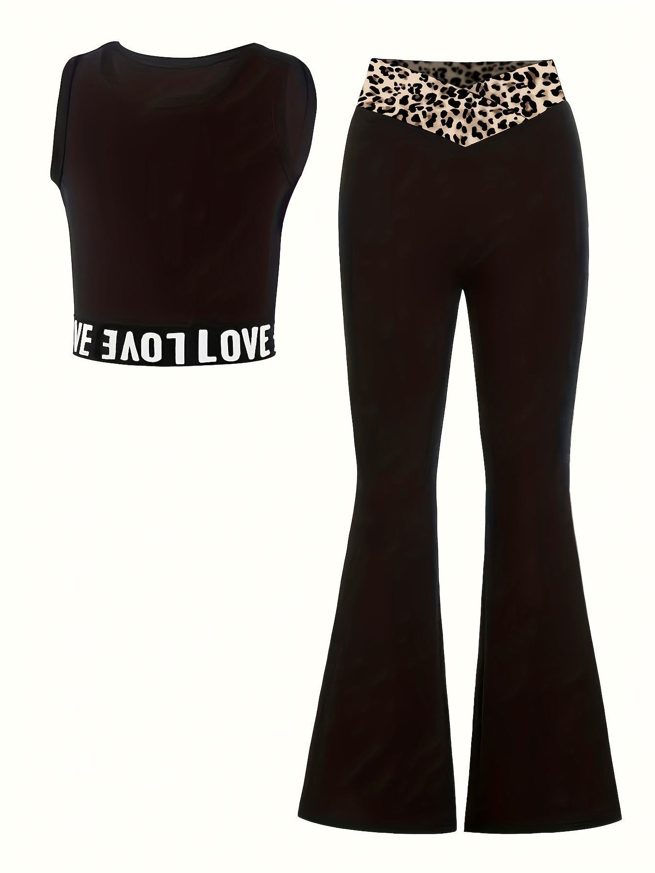 Two-Piece Set Girl's Letter Tape Tank Top & Leopard Print Flare Leg Pants, Casual Fashion Cozy Outfits for Daily Outdoor Wear, Kids Clothing for Summer