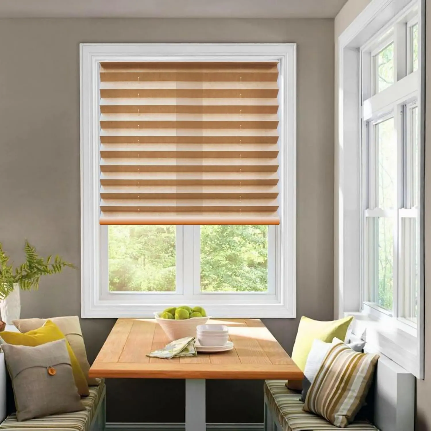 Cordless Pleated Window Shades, Easy Install, No Drill No Tools, Fawn, Light Filtering Blinds, Size 26.5" W x 64" H