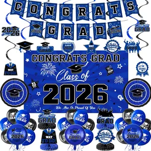 Graduation Decorations 2026 Blue and Black Graduation Party Decorations Supplies Class of 2026 with Graduation Banner Backdrop Balloons Centerpieces Hanging Swirl for Grad Party