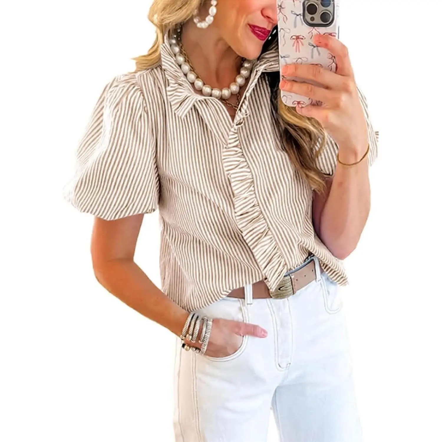Puff Sleeve Tops for Women Summer Striped Ruffle Tops Trendy Button Down Plaid Shirts Puffy Ruffle Collar Blouse