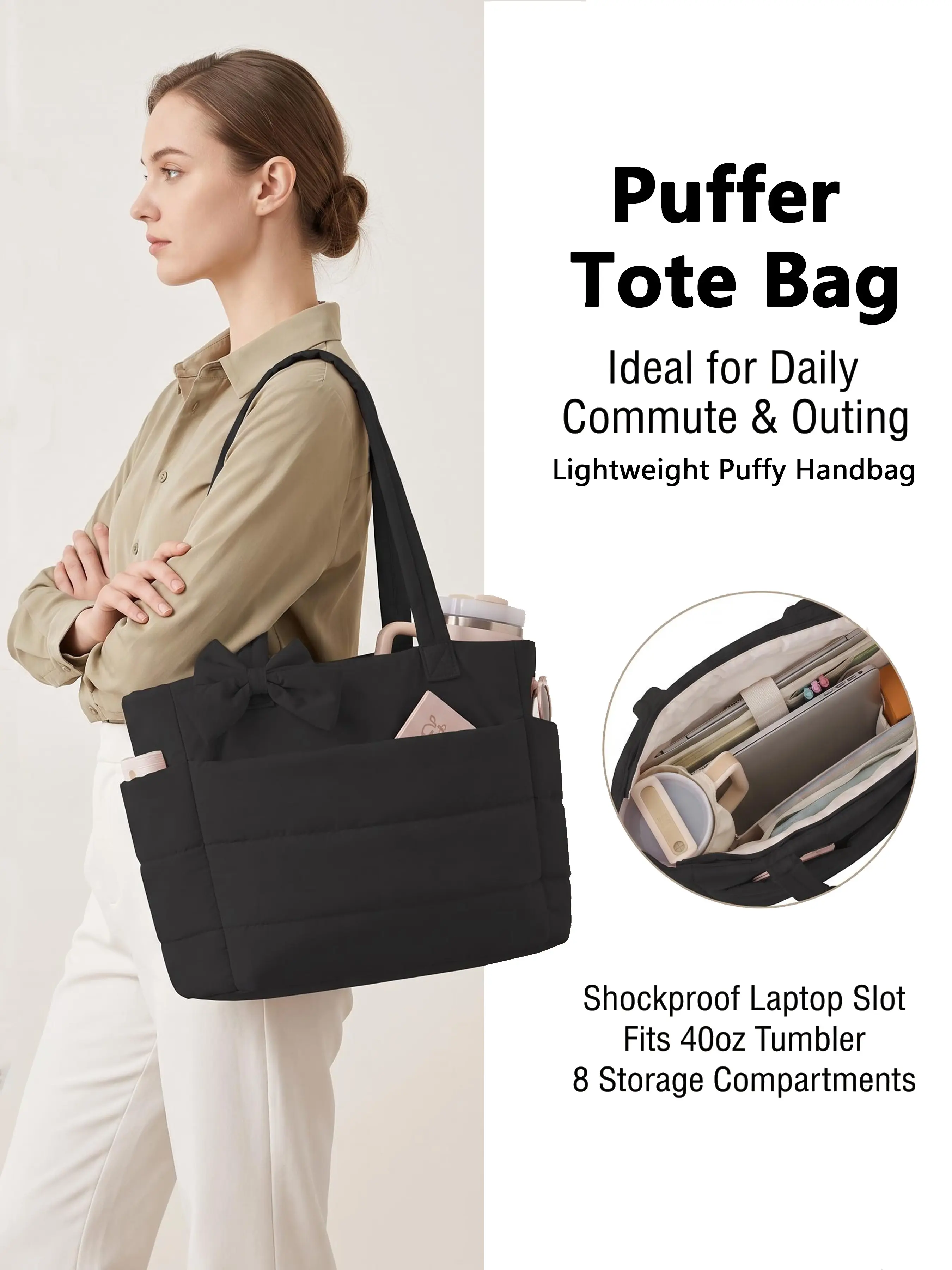 Puffer Tote Bag for Women, Lightweight Puffy Handbag with Compartments, , Lightweight 15.6” Computer Shoulder Handbag Purses, Quilted Bow Tote Bag with Cup Holder & Laptop Compartment for Work, Travel, Gym