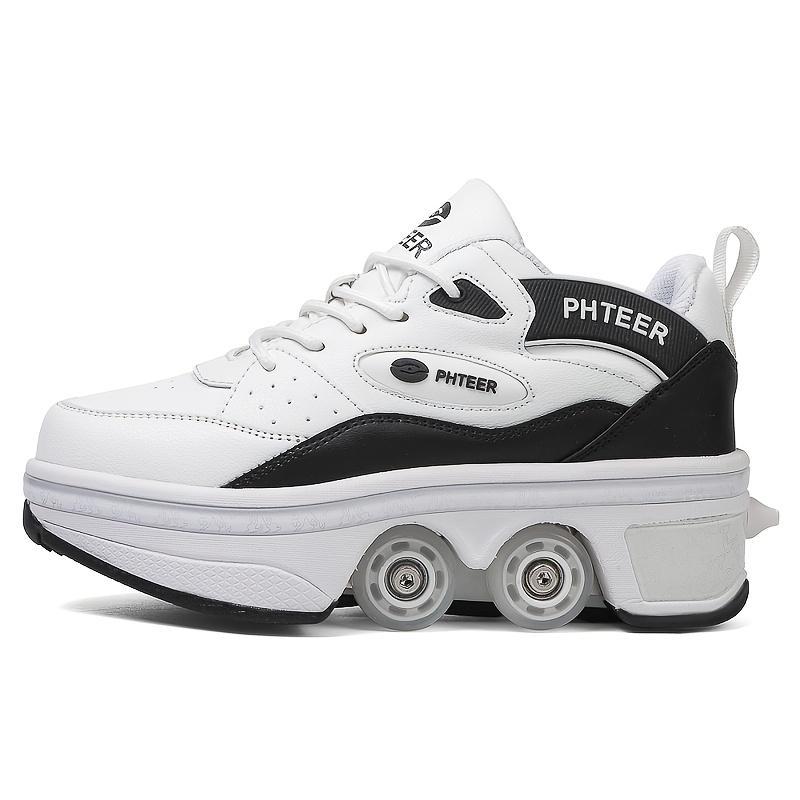 PHTEER 4-Wheel Roller Skates - Stylish Black & White, Lace-Up Design with Four-Wheel Support for Beginners, All-Season Use, Casual & Sports Skating Shoes, Casual Skating Shoes|Stylish Roller Skates|Laceup Skates