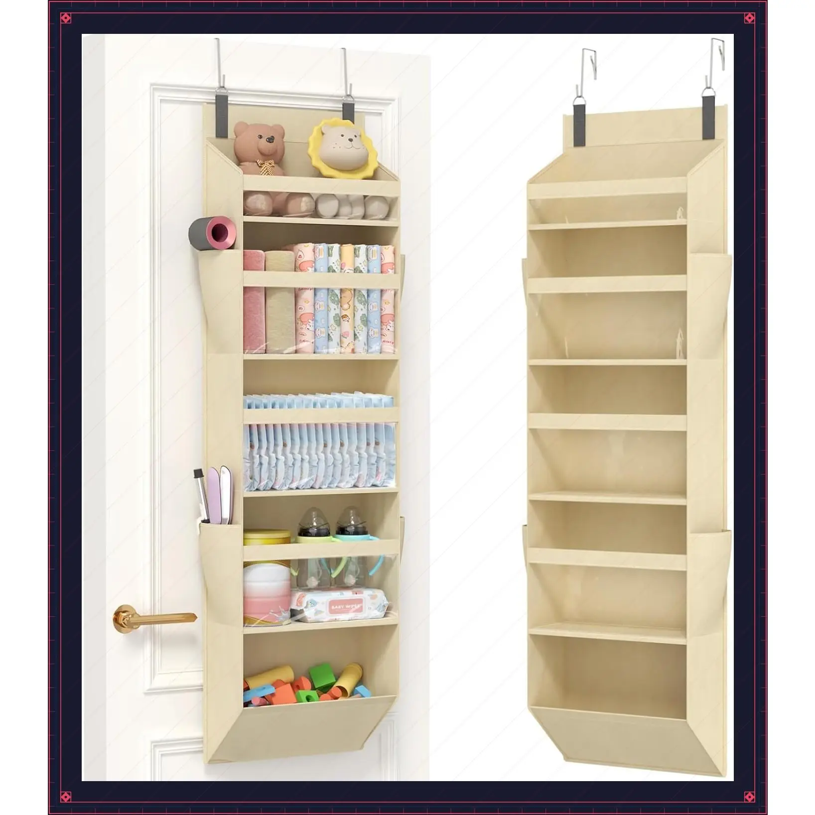 Over the Door Organizer with Clear Window and 4 Side Pockets, 5-Section Hanging Storage, Anti-Tilt, 40 lbs Load, Behind Door for Pantry Nursery Bathroom Bedroom Dorm, BeigeGift