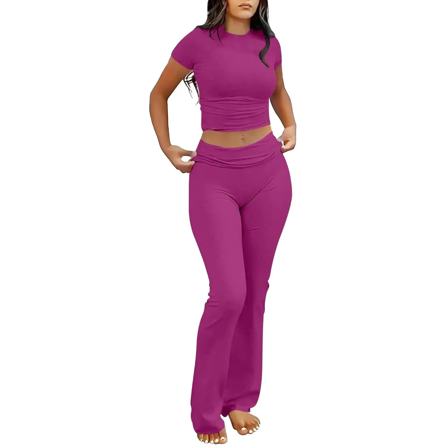 Lounge Sets for Women 2 Piece Foldover Yoga Flare Leggings Pants Crop Tops Casual Y2K Outfits Matching Tracksuit Set
