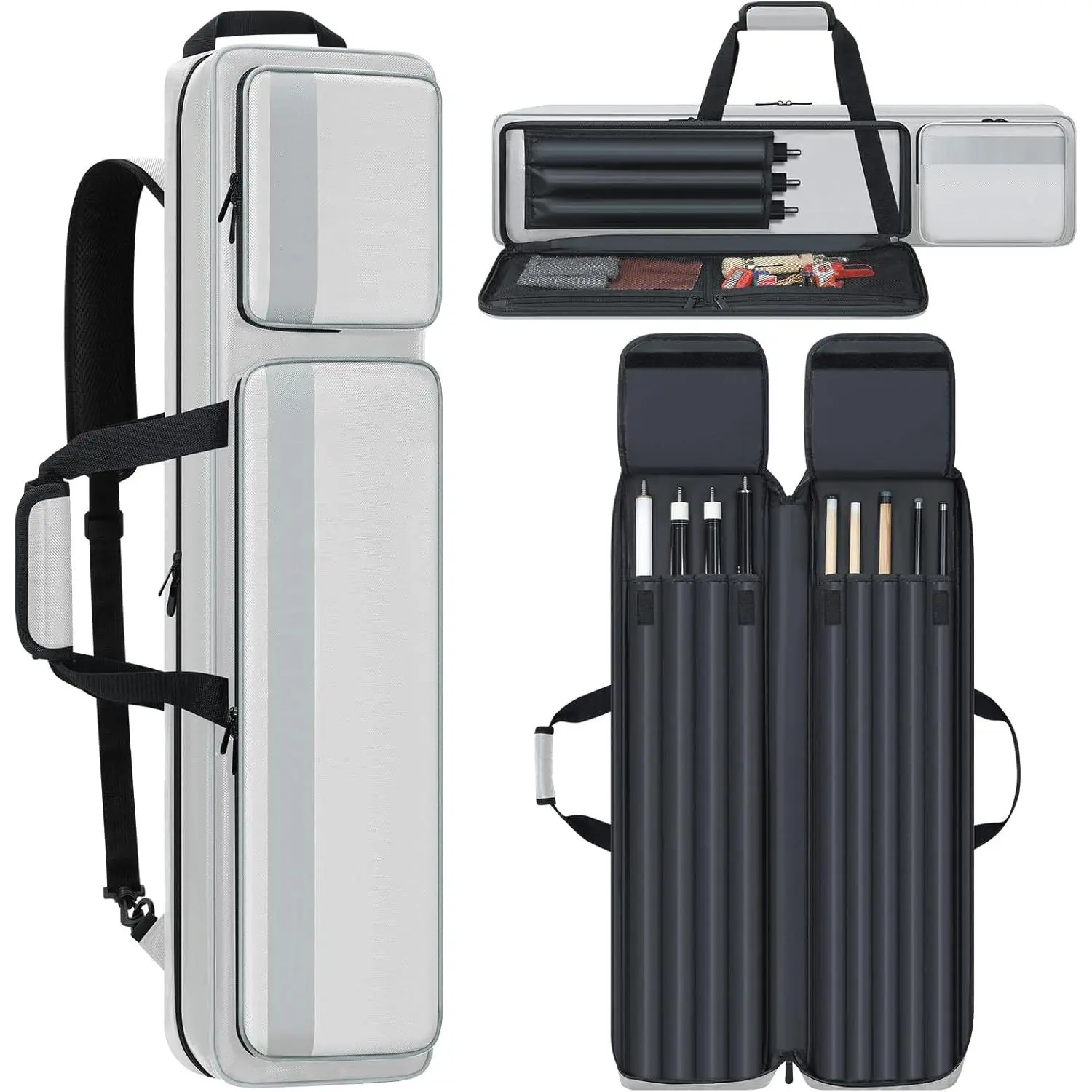 Pool Cue Case 4x5, Pool Cue Carrying Case Soft Padded Billiard Stick Bag with Multi-pocket for 4 Butts and 5 Shafts, Pool Stick Case Cue Bag with Backpack-straps for Pool Cues and Accessories