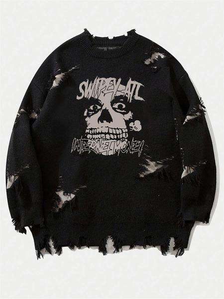 Men's Pattern Sweaters Retro Gothic Long Sleeve Crew neck Pullover knitted Top, Knitwear Tops, Grunge Skull Dollars Design, Aesthetic Gesture Warm Loose Fit Comfortable Jumper,Daily life,Hip-hop, Street wear, Going Out, Halloween Fall Winter Clothes