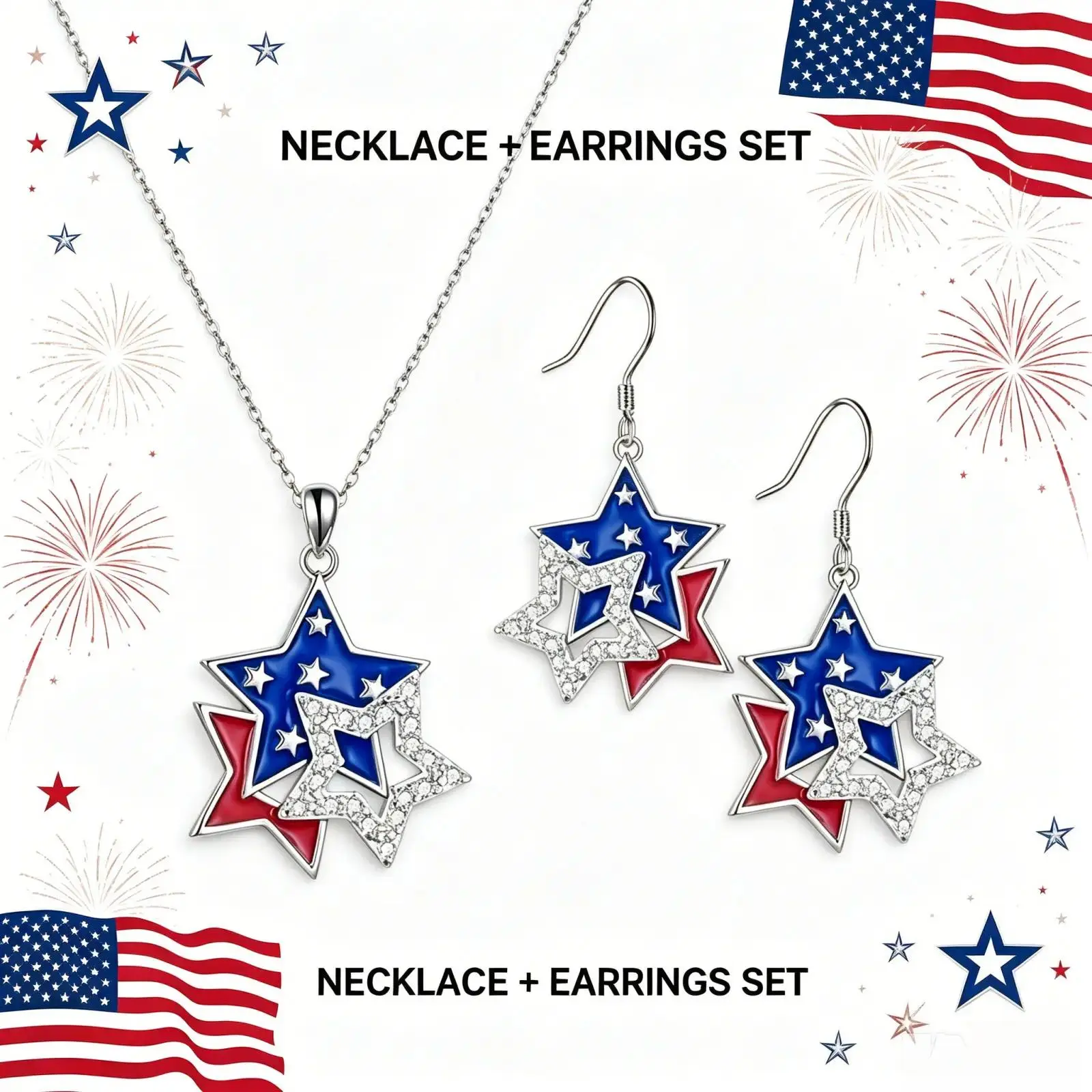 Women's Patriotic Rhinestone Star Jewelry Set - Red White Blue American Flag US Pride Star Pendant, Sparkly Bedazzled Hook Earrings for 4th of July Independence Day Party