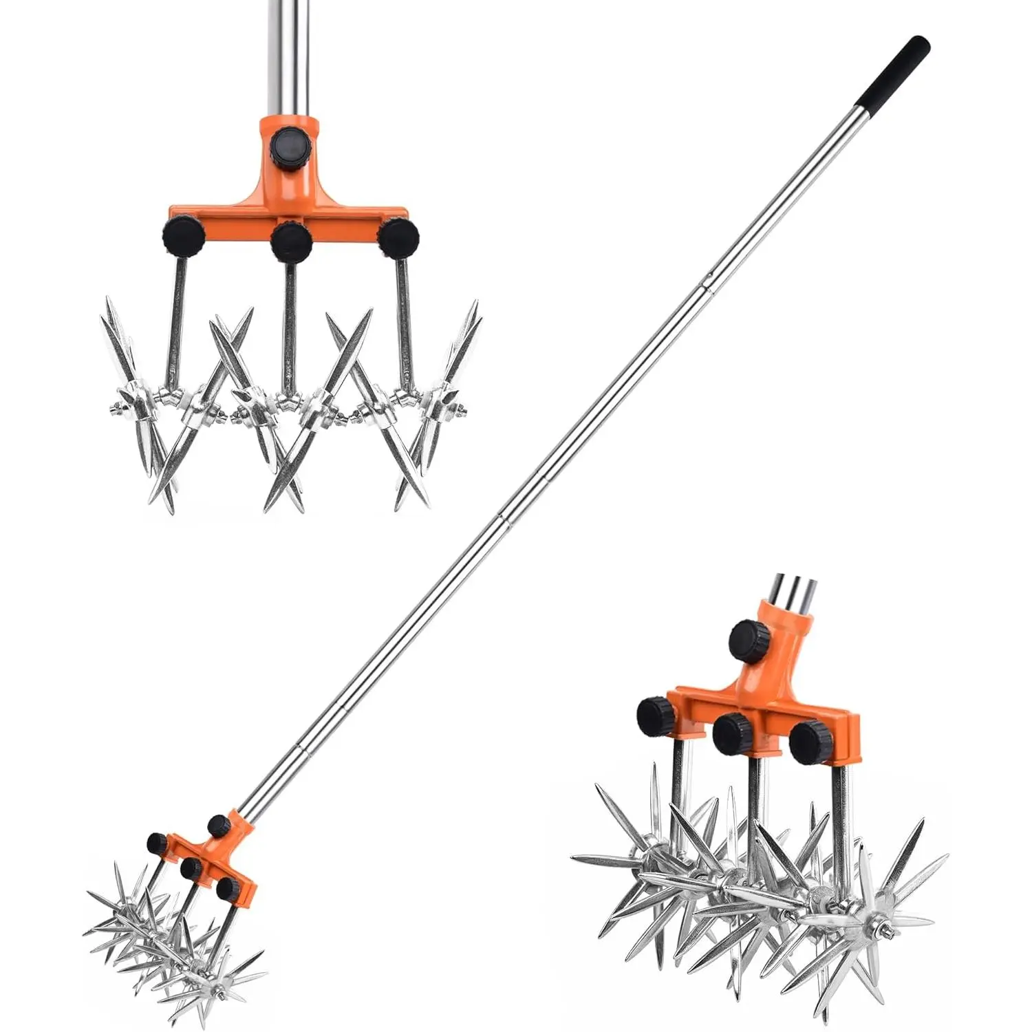 Rotary Cultivator Garden Rotary Tiller Adjustable Stainless Steel Poles Hand Tiller for Soil Mixing or Reseeding Grass Lawn Tiller  Length 57 Inch