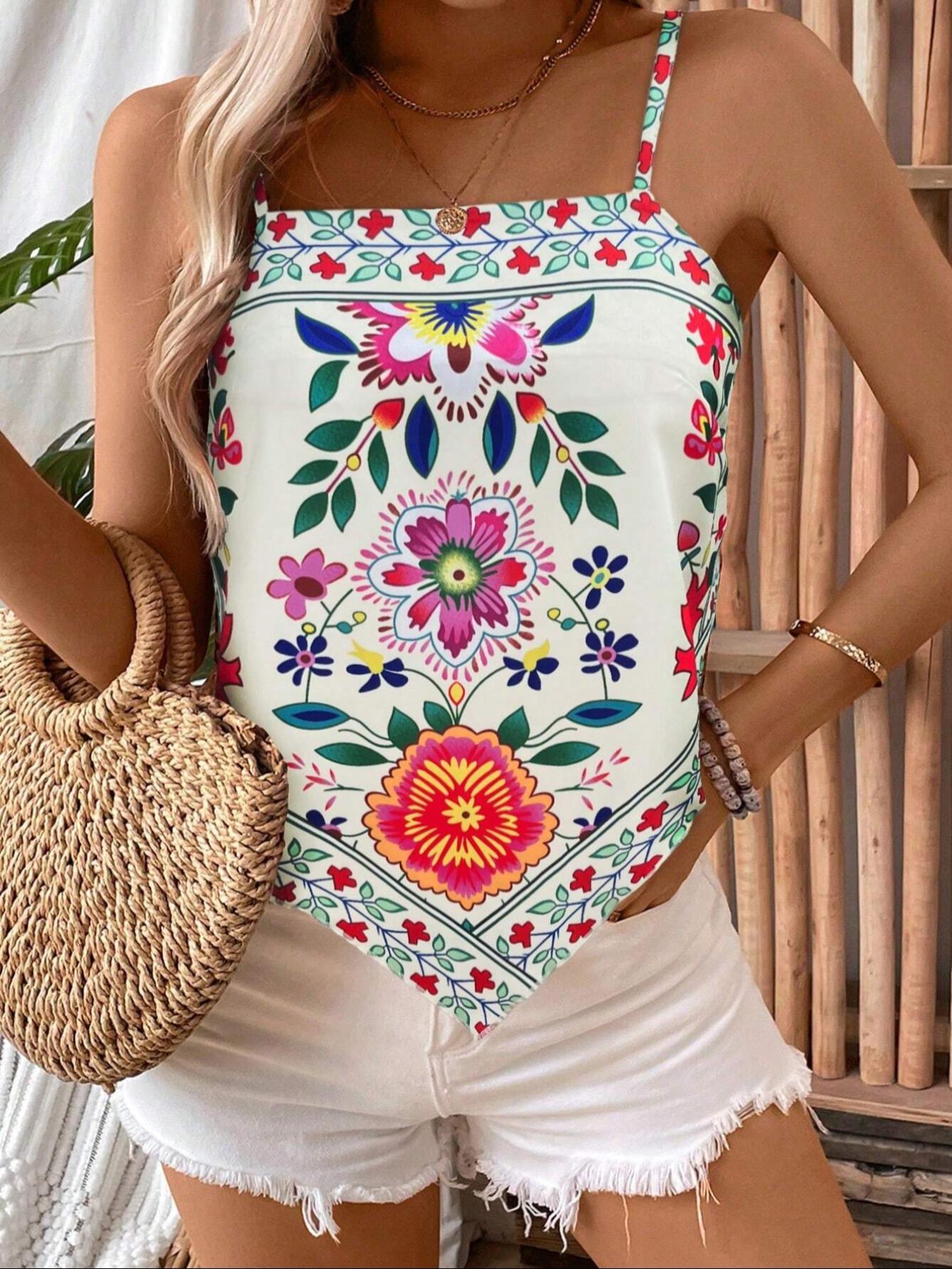 Women's Floral Print Cami Top, Boho Bohemian Sleeveless Top for Summer, Ladies Clothes for Daily Wear, Womenswear