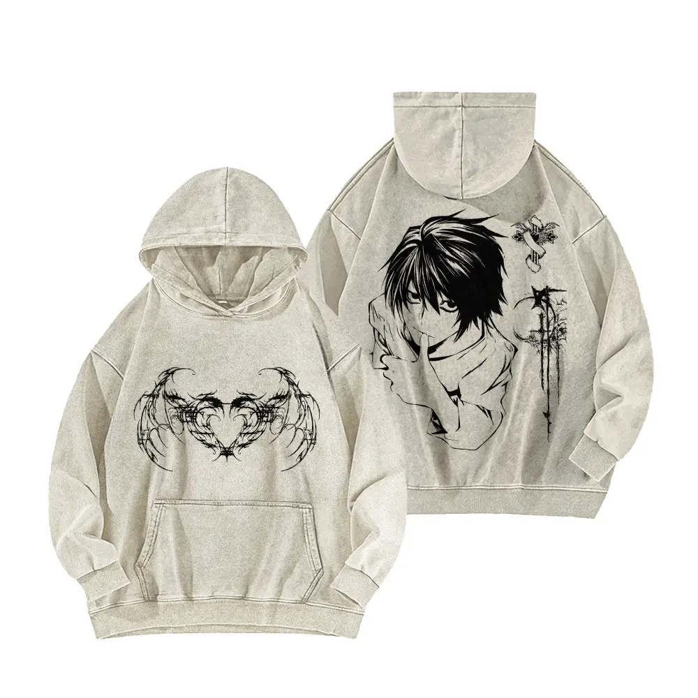 Multi Color Vintage Washed Hoodie, Anime L Lawliet Double Sided Print Gothic Winged Heart Graphic Pullover Hoodie, Death Note Retro Dark Manga Streetwear Oversized Hooded Sweatshirt for Men Women Multiple Vintage Wash Color Options