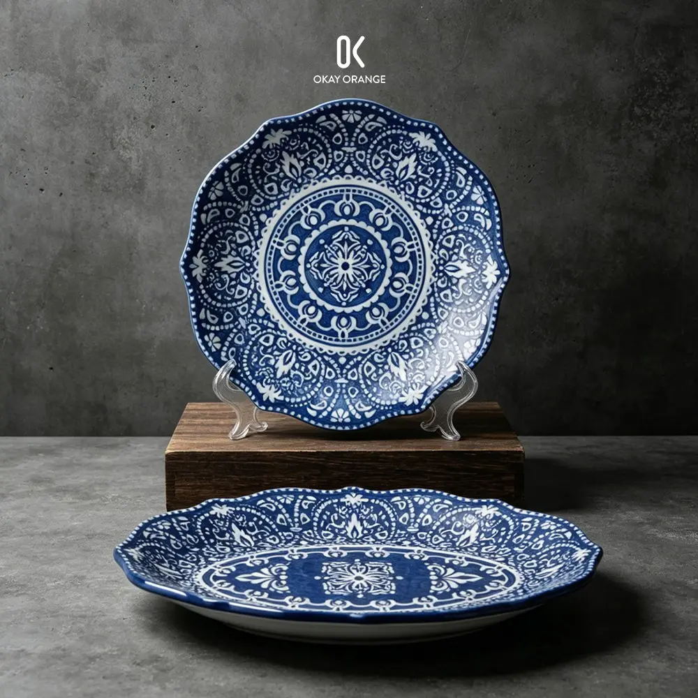 Vintage Blue and White Ceramic Dinner Plates Boho Mandala Pattern Serving Platter, 8.2 Inch Round Salad Plate & 11.1 Inch Oval Serving Dish, Microwave Dishwasher Safe Bohemian