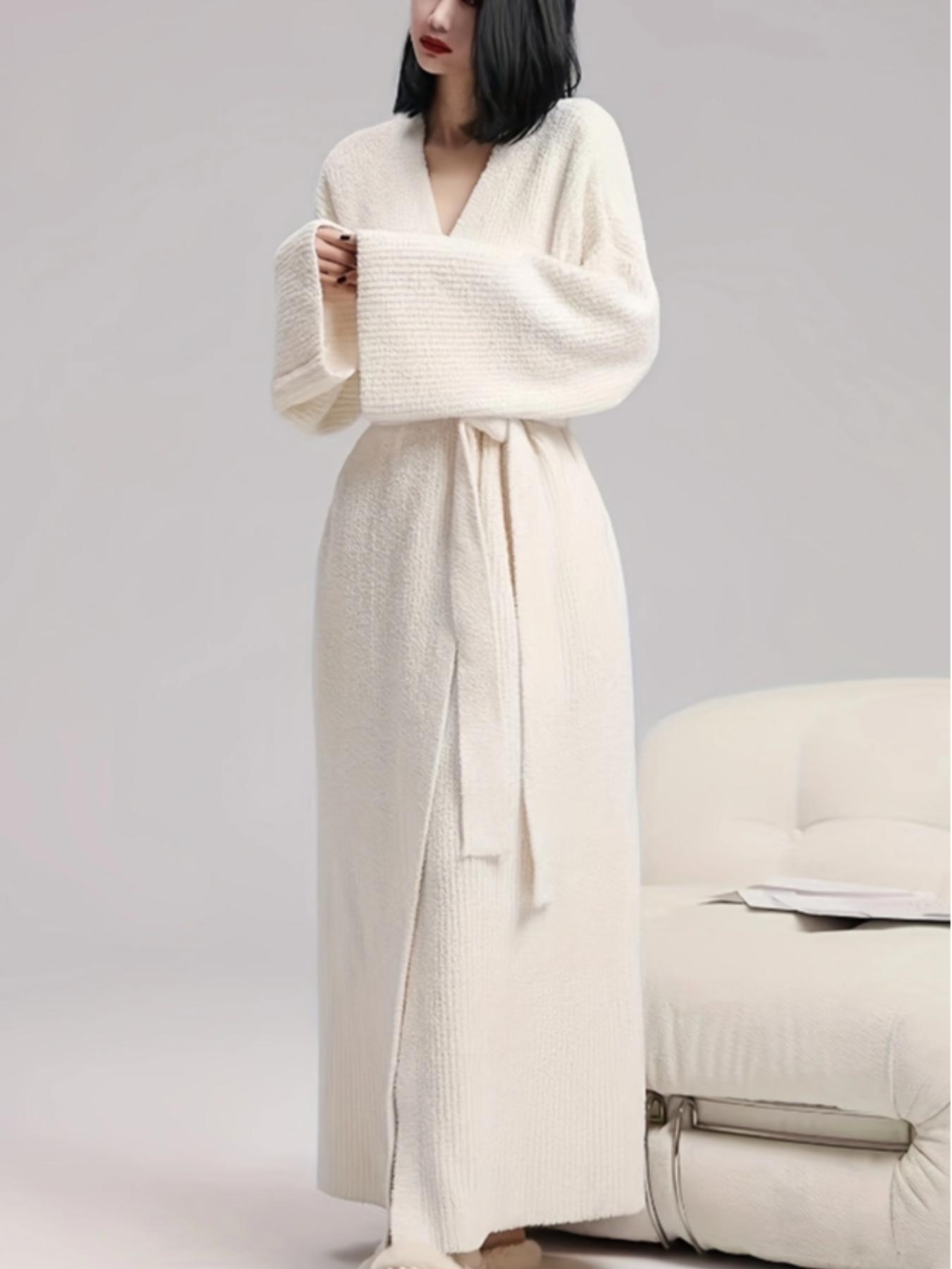 【COZY Soft Plush Feel】Women's Solid Color Thickened  Thermal Lined Long Sleeve Drop Shoulder Bathrobe, Loose Casual Soft Comfortable Thermal Warm Pocket Belted V Neck Dressing Gown for Women, Ladies Sleepwear for Winter