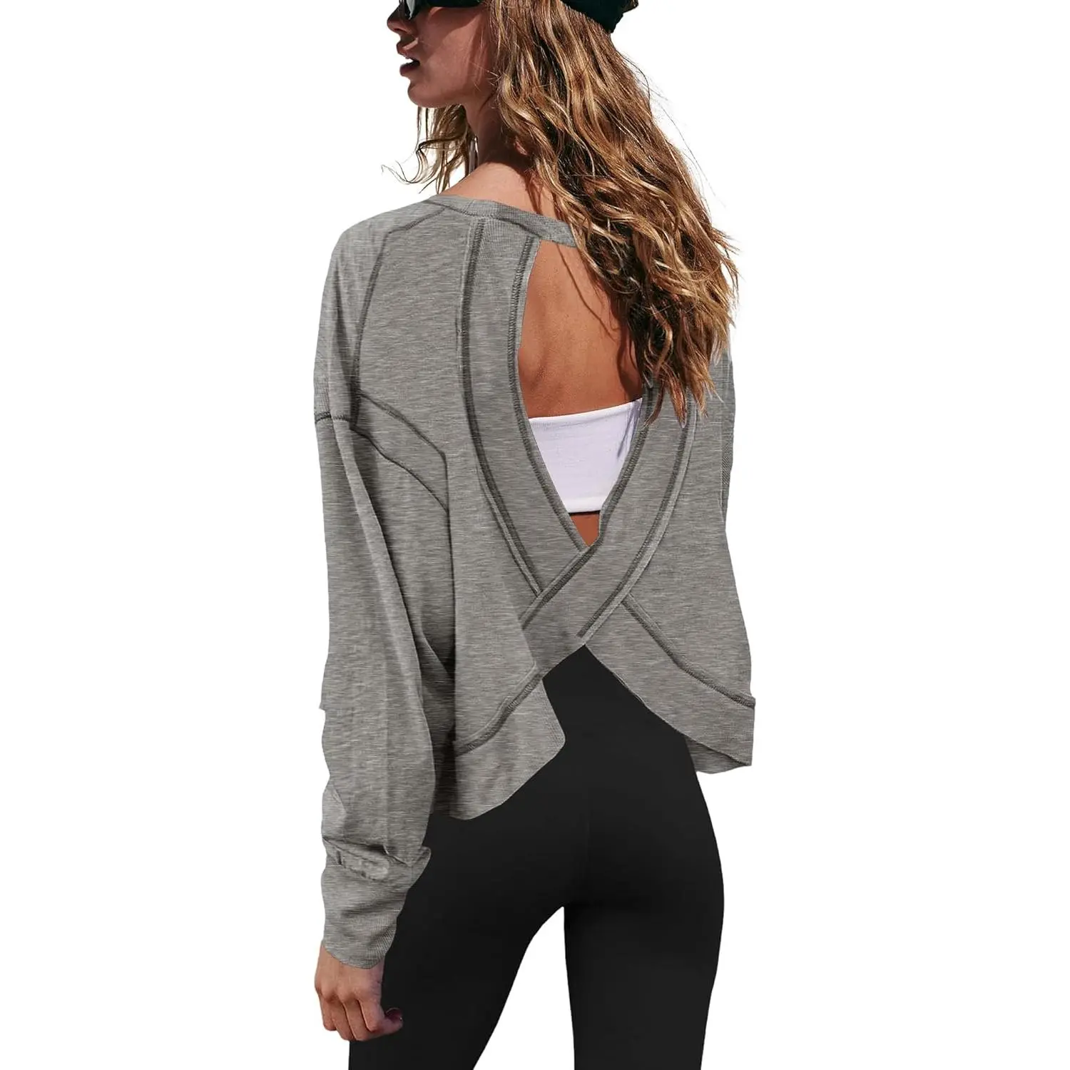 Womens Open Back Loose Workout Tops Backless Long Sleeve Athletic Shirt Running Crop Top Gym Dance Tee