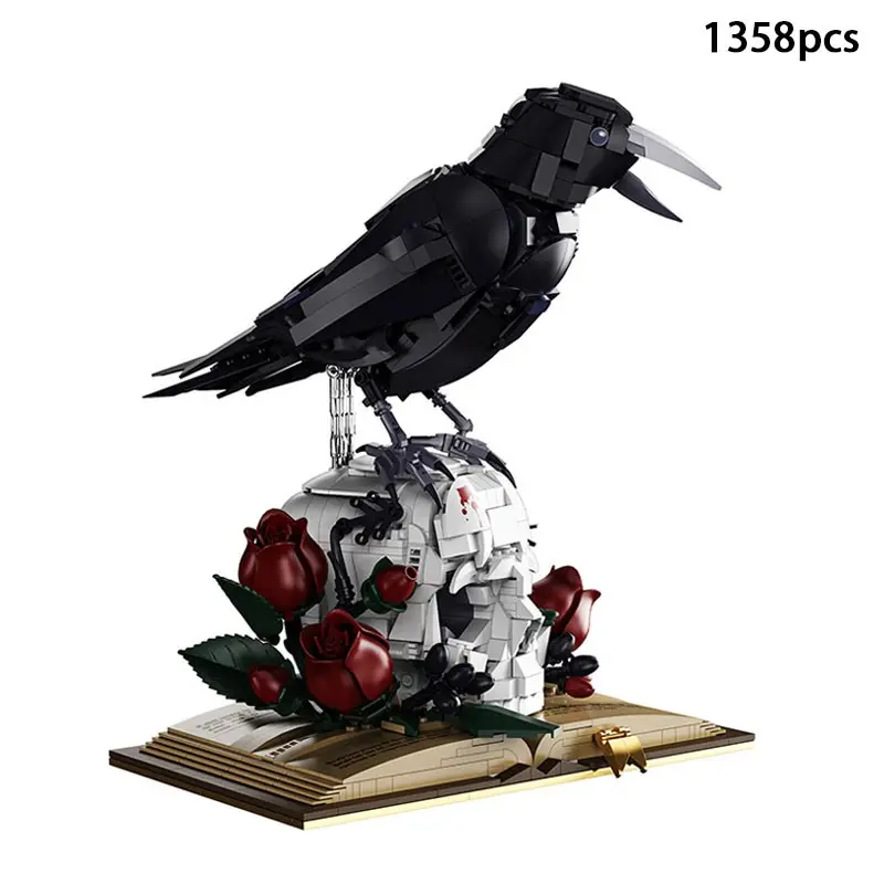 1358PCS Crow Bookish Art Building Set, Featuring Crow/Skull/Rose & Books, Dark Floral Art Building Kit, Model Building Kits, Perfect for Gothic Style Enthusiasts and Building Block Collectors, Halloween, Valentine’s Day & Christmas Decoration.