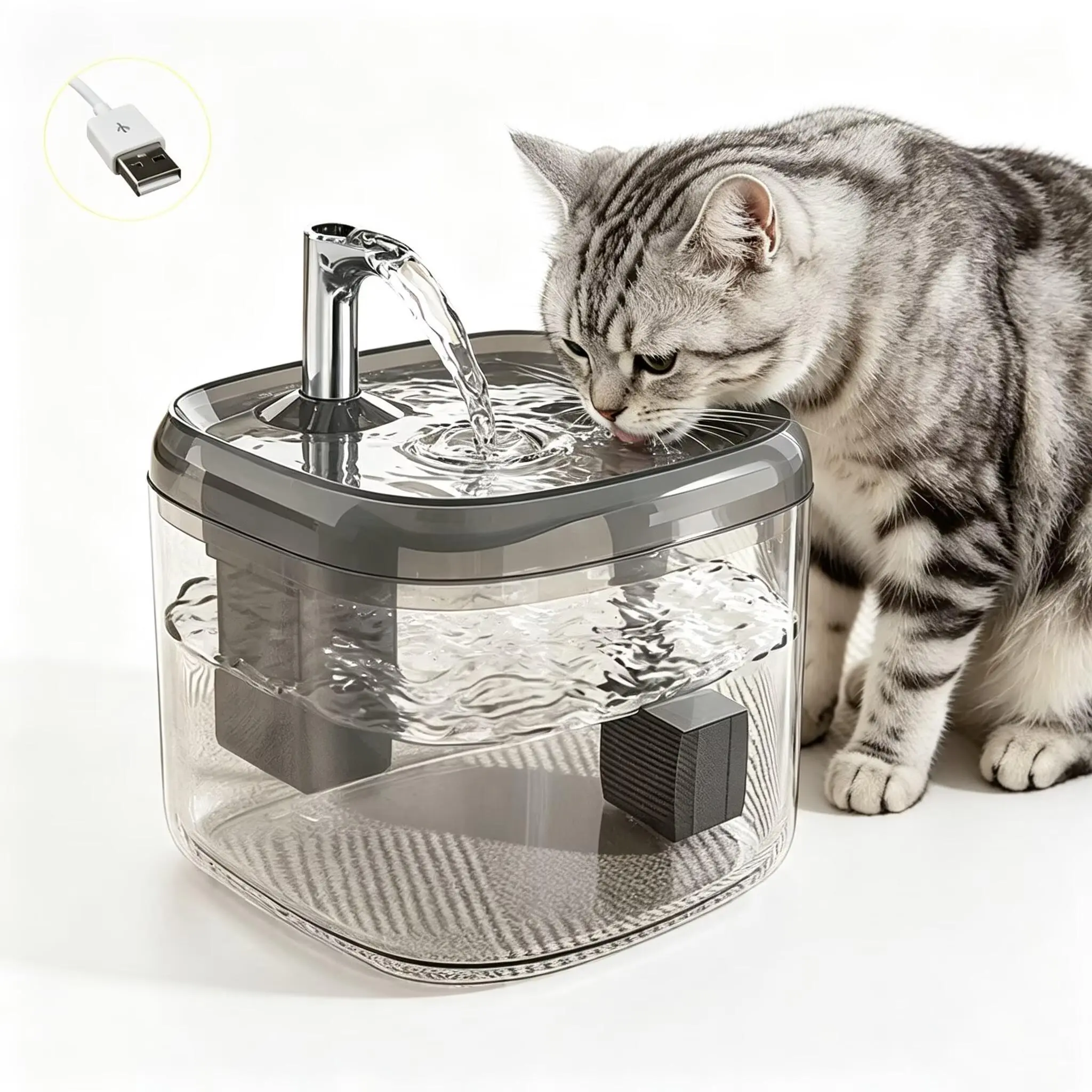 Cute Small Cat Water Fountain 1.5L,Transparent Detachable Tank,Quiet Pump ,Easy Clean Portable Pet Water Dispenser for Car Indoor Travel,Mini Dog Cat Drinking Fountain Gifts（Grey）